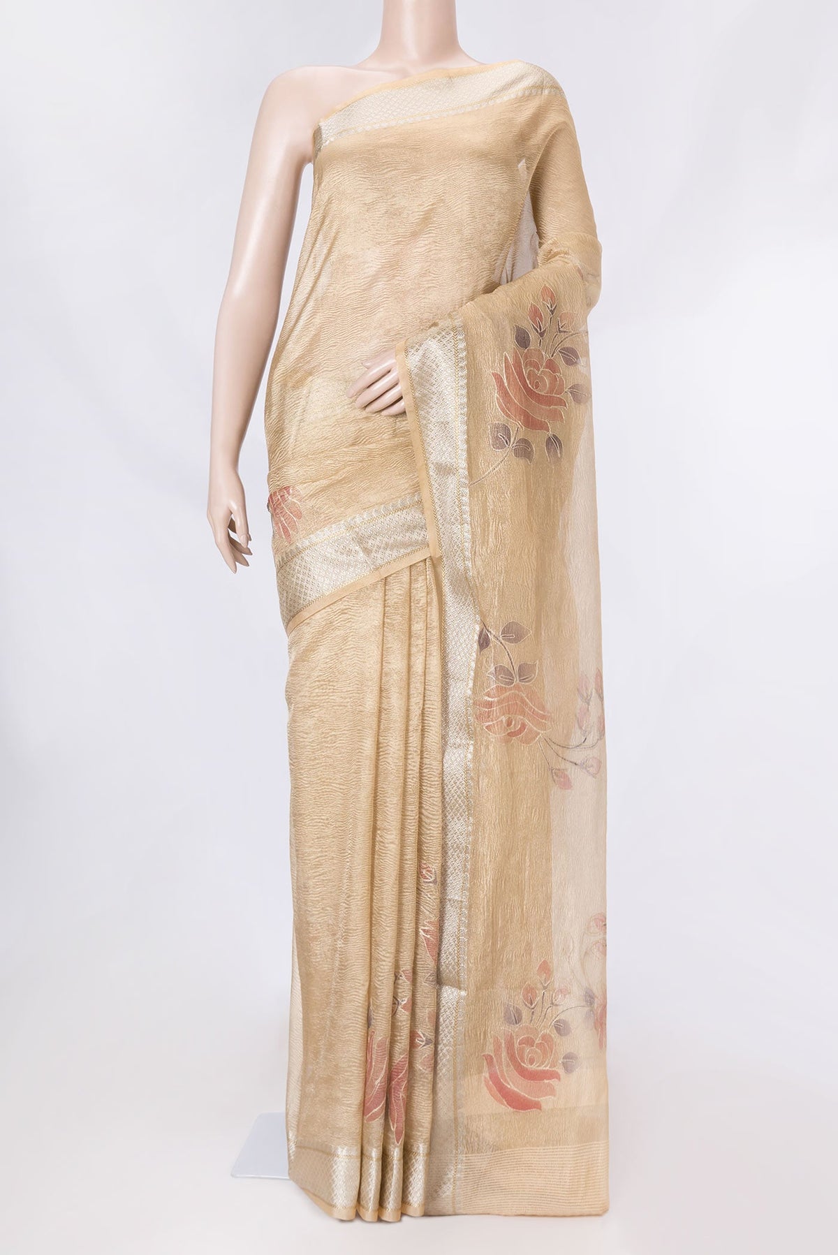 Gold Dual Tone Organza Silk Saree with Zari Brocade on the body and Zari Border displayed on a mannequin