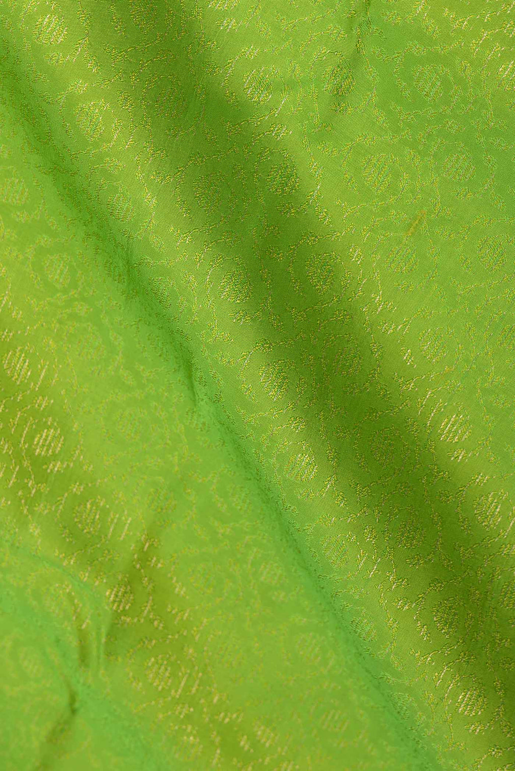 Close up of Parrot Green Dual Tone Kanchipuram Saree with Jacquard With Zari Butta on the body and Zari Border displaying folds