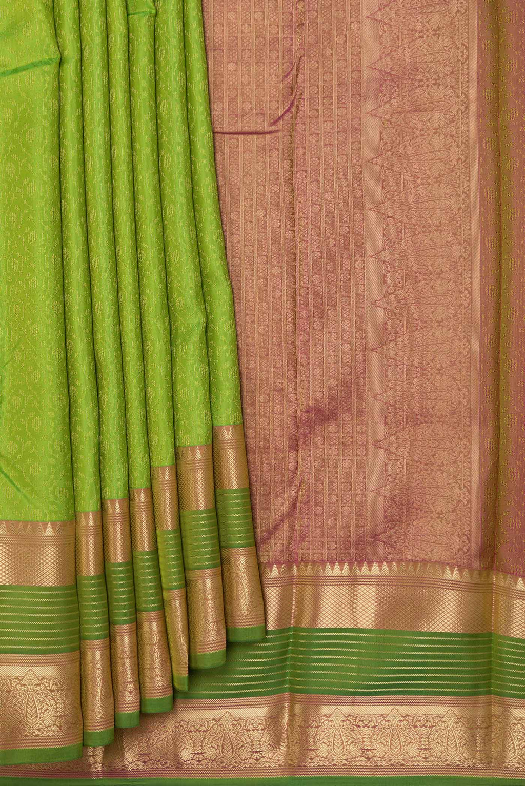 Pleats and pallu of Parrot Green Dual Tone Kanchipuram Saree with Jacquard With Zari Butta on the body and Zari Border
