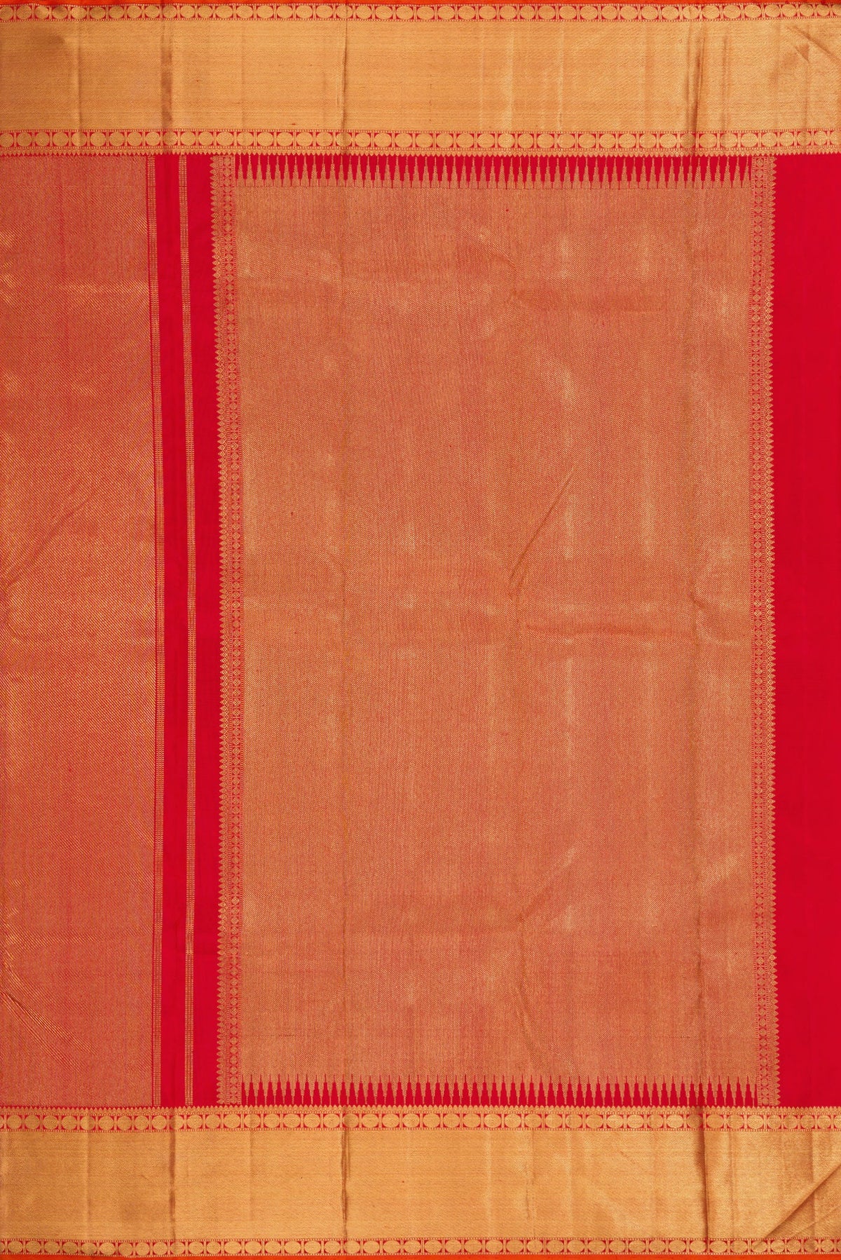 Close up image of the pallu of Pure Silk Pure Zari Red Dual Tone Kanjivaram Saree with Zari Brocade on the body and Zari Border. 