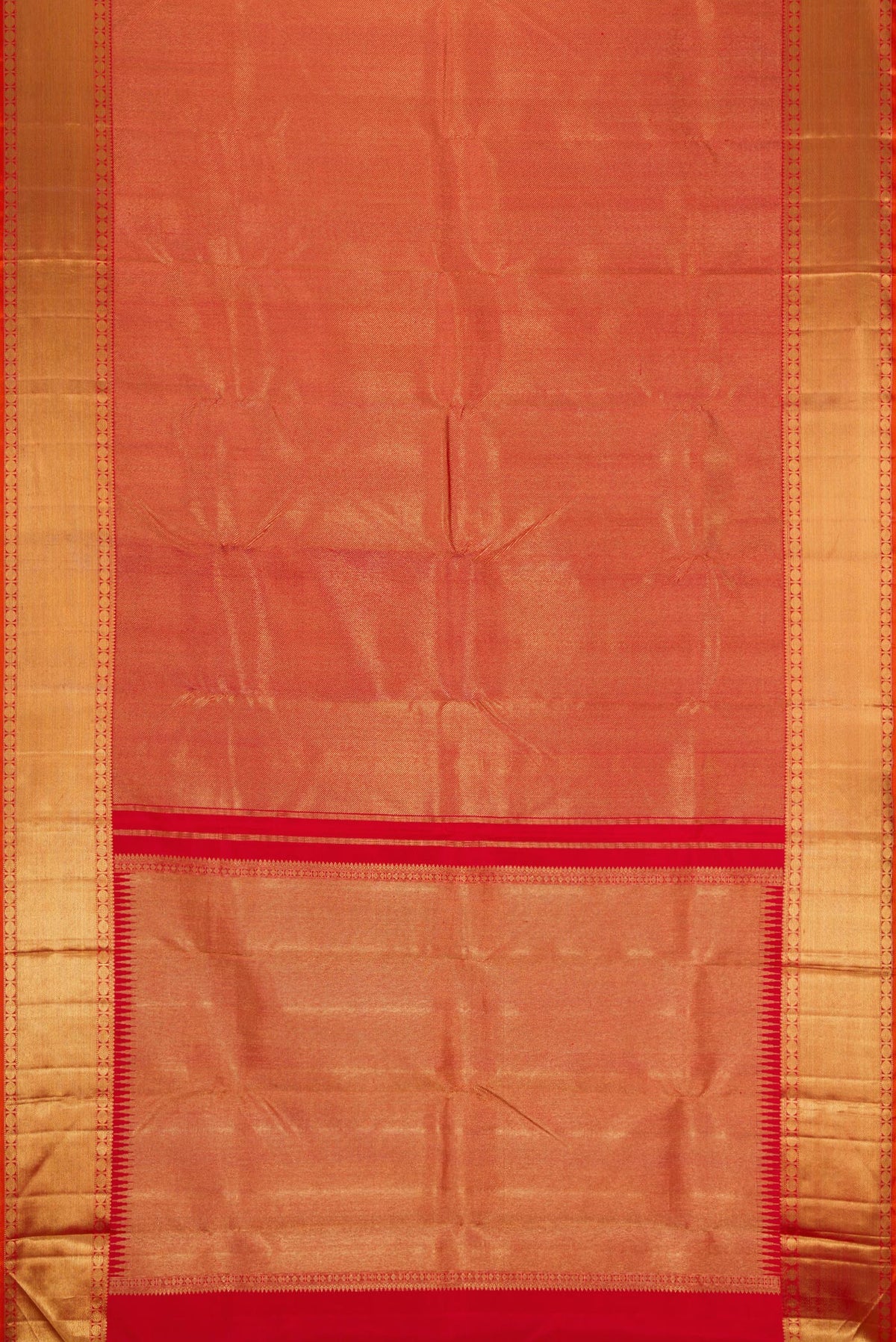 Flat view of Pure Silk Pure Zari Red Dual Tone Kanjivaram Saree with Zari Brocade on the body and Zari Border. 