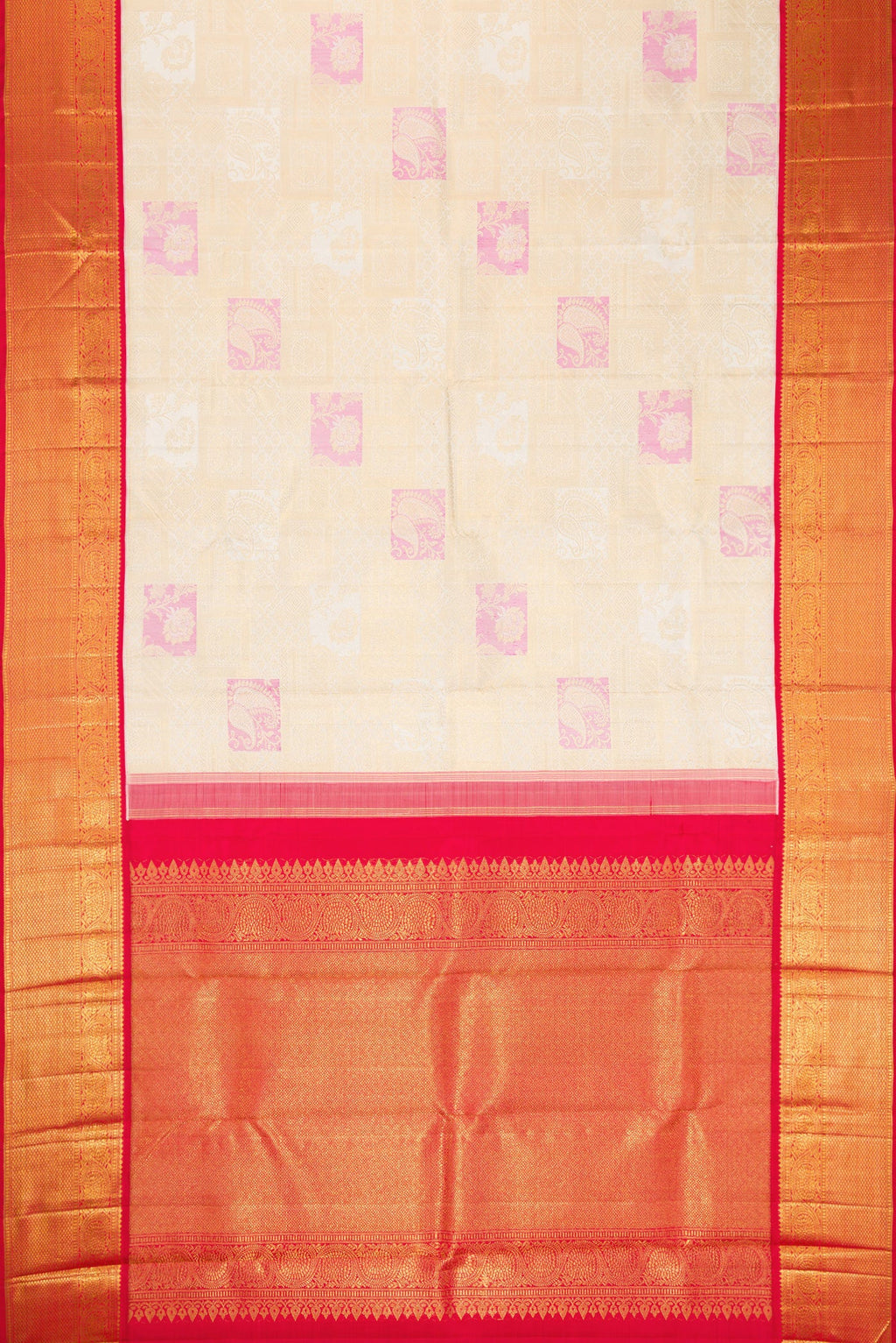 Flat view of Off White Dual Tone Kanchipuram Silk Saree with Zari Brocade on the body and Zari Border. 