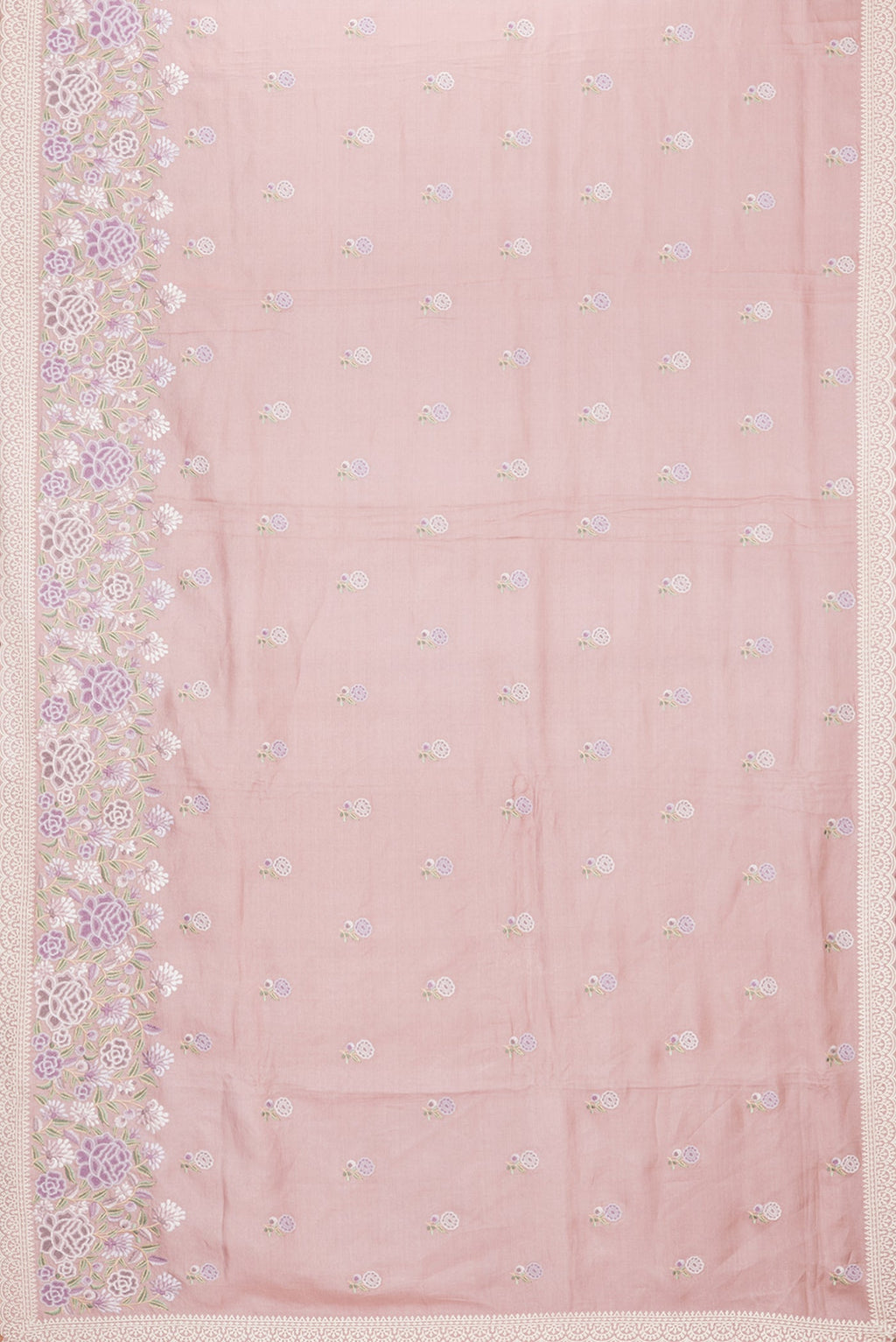 Flat view of Rose Gold Dual Tone Tussar Silk Saree with Embroidery on the body and Embroidery Border. 