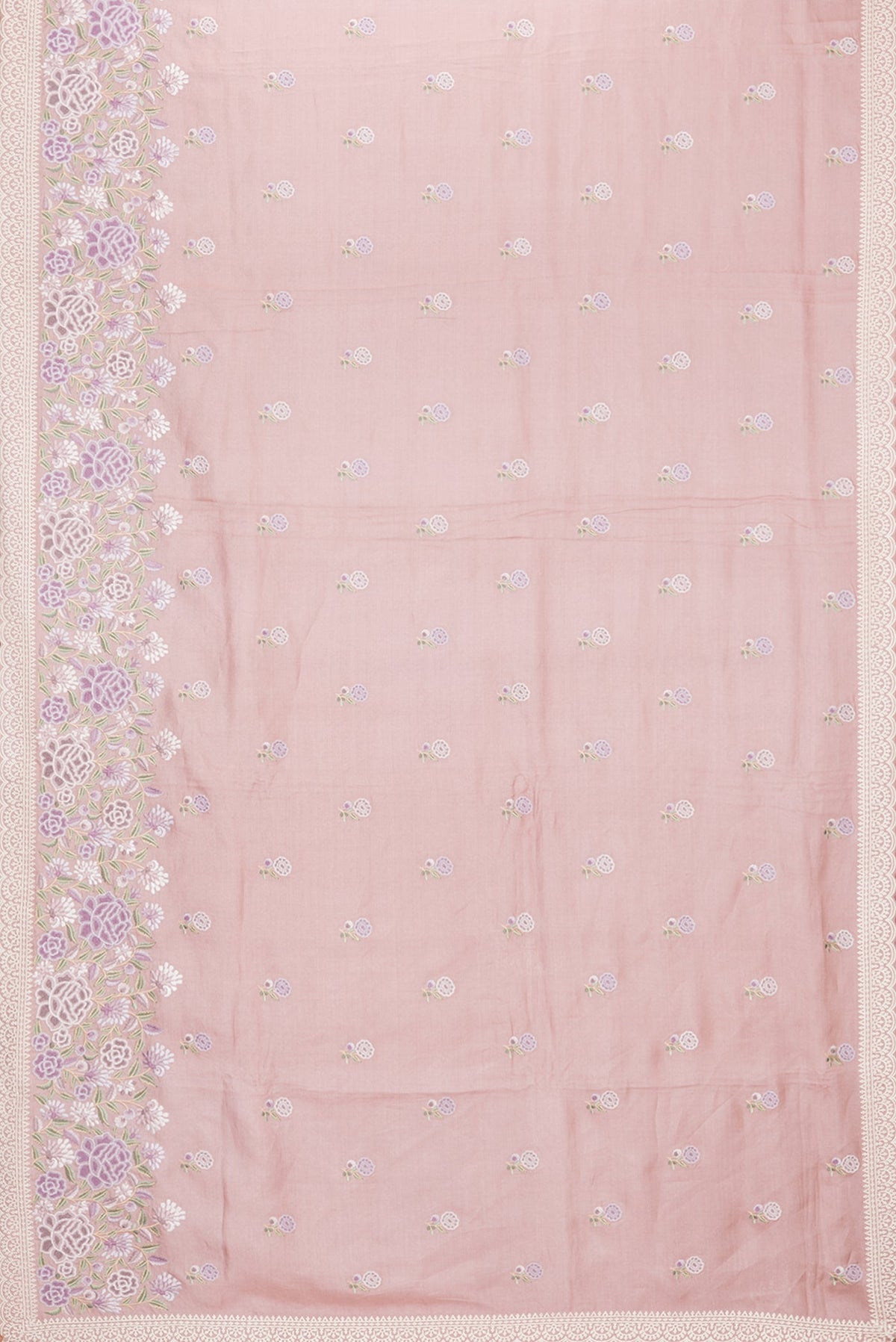 Flat view of Rose Gold Dual Tone Tussar Silk Saree with Embroidery on the body and Embroidery Border. 