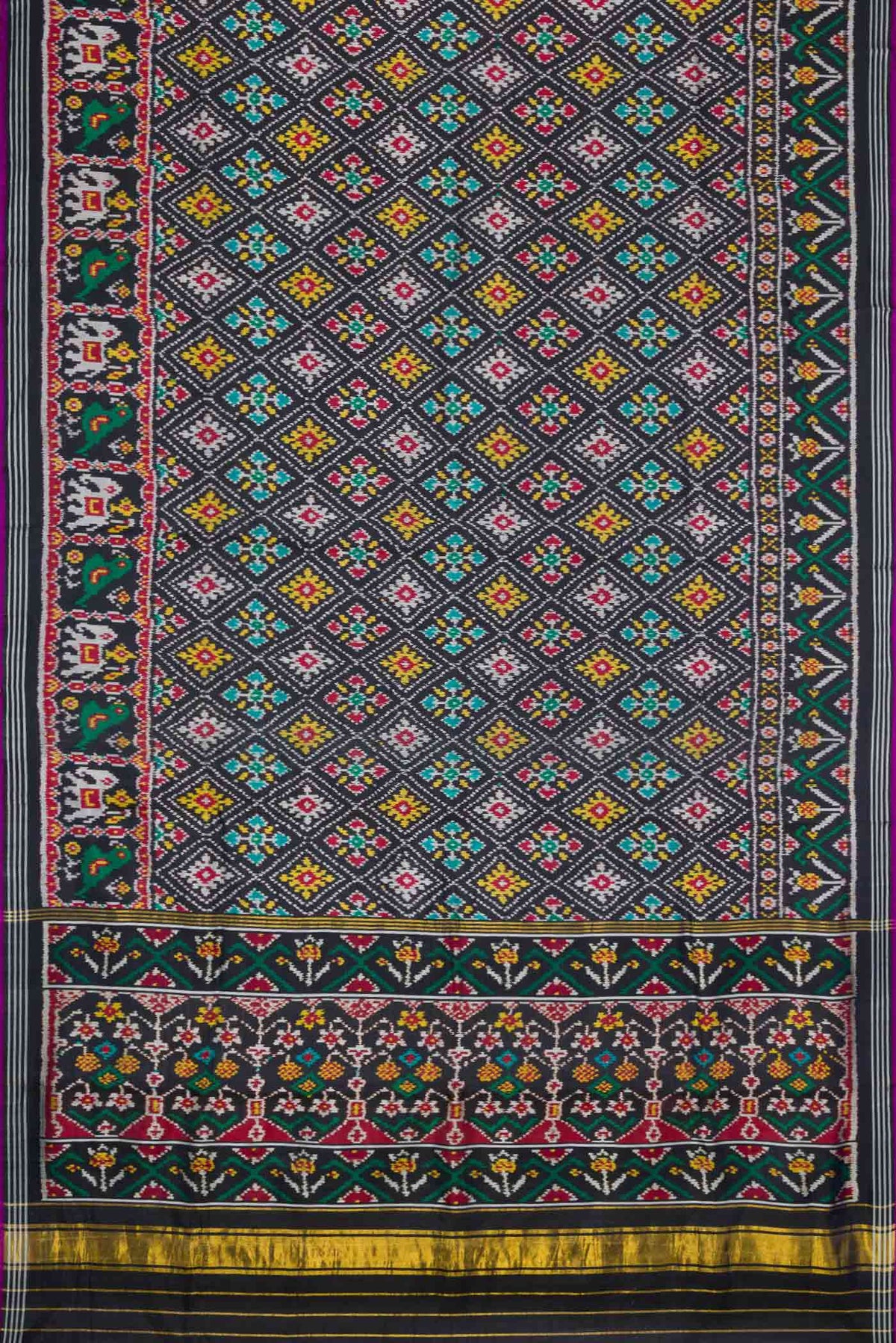Flat view of Black Pochampally Silk Saree with Pure Ikat on the body and Plain Border
