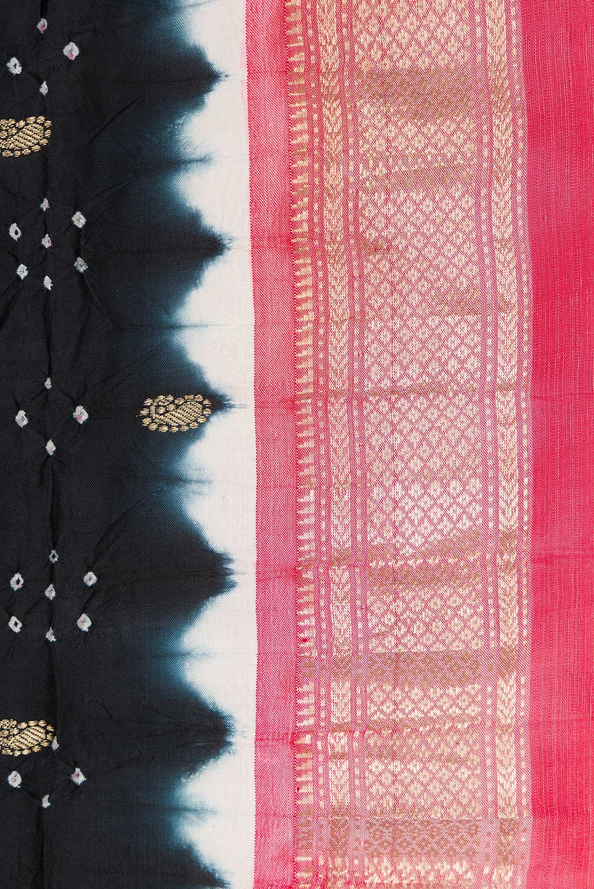 Border image of Black Dual Tone Bandhani Silk Saree with Bandhani Print on the body and Zari Border. 