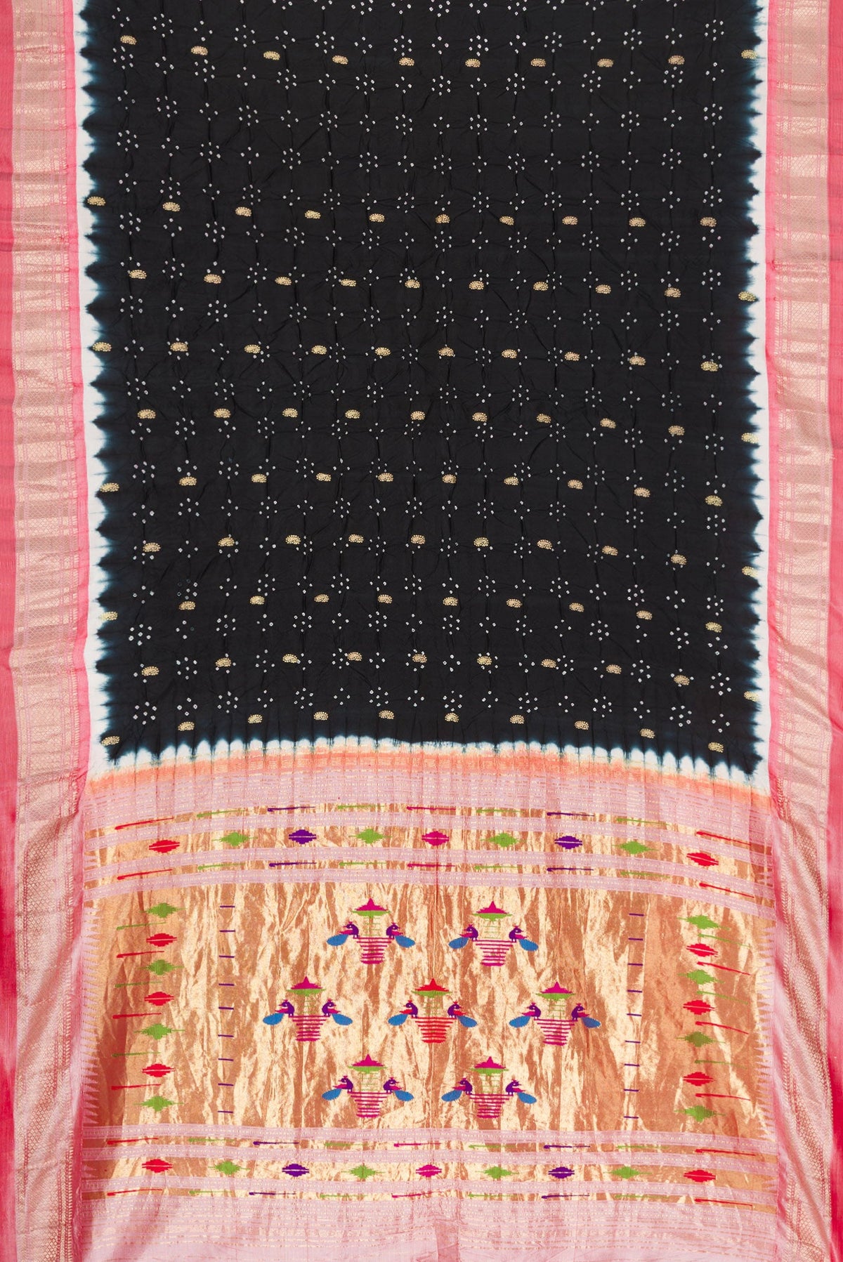 Flat view of Black Dual Tone Bandhani Silk Saree with Bandhani Print on the body and Zari Border. 