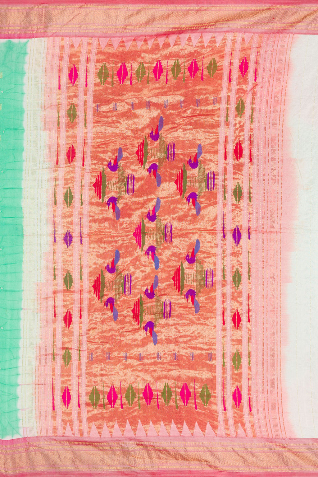 Close up image of the pallu of Sea Green Dual Tone Bandhani Silk Saree with Bandhani Print on the body and Zari Border. 