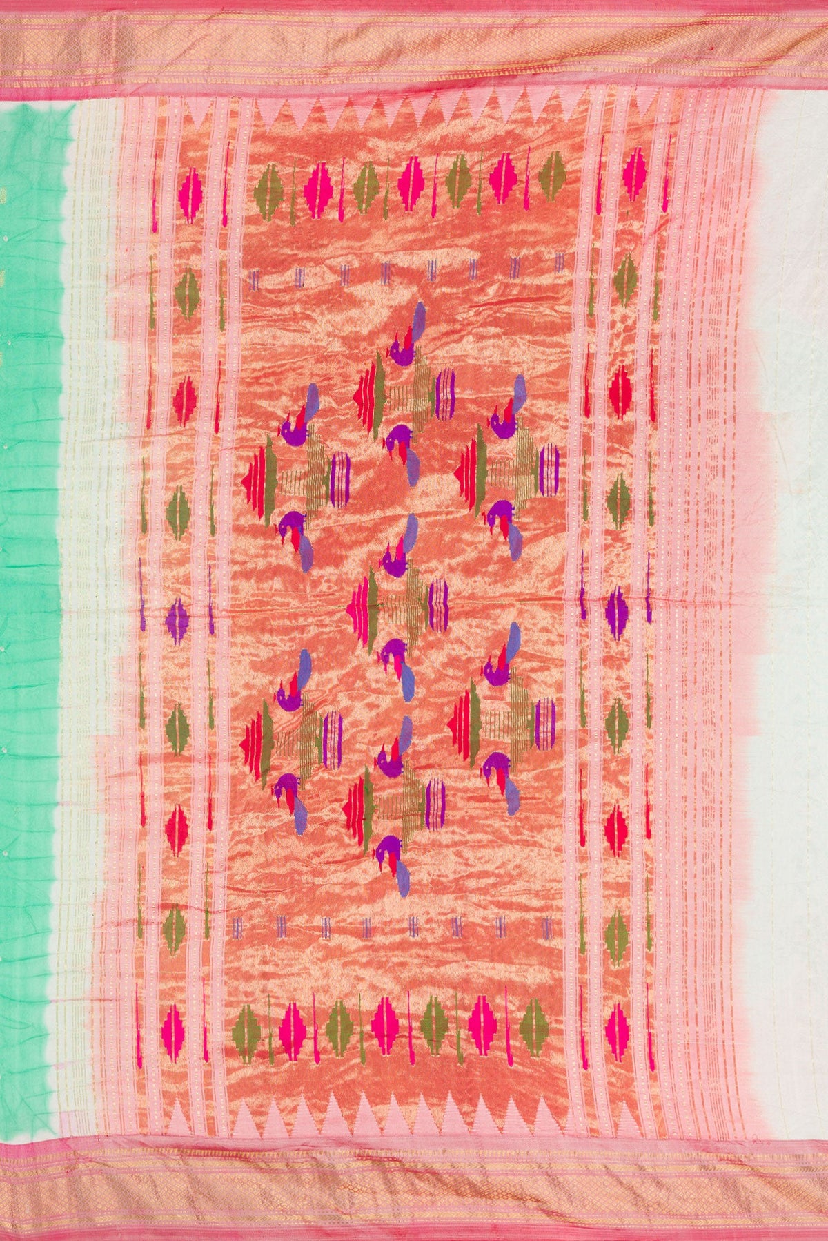 Close up image of the pallu of Sea Green Dual Tone Bandhani Silk Saree with Bandhani Print on the body and Zari Border. 