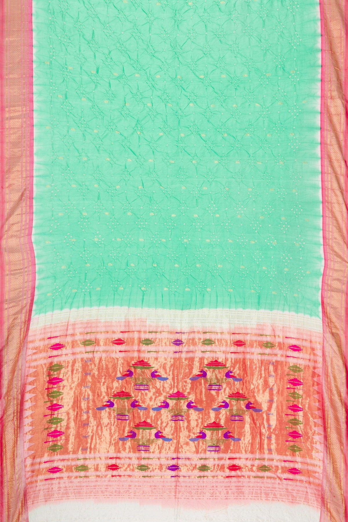 Flat view of Sea Green Dual Tone Bandhani Silk Saree with Bandhani Print on the body and Zari Border. 