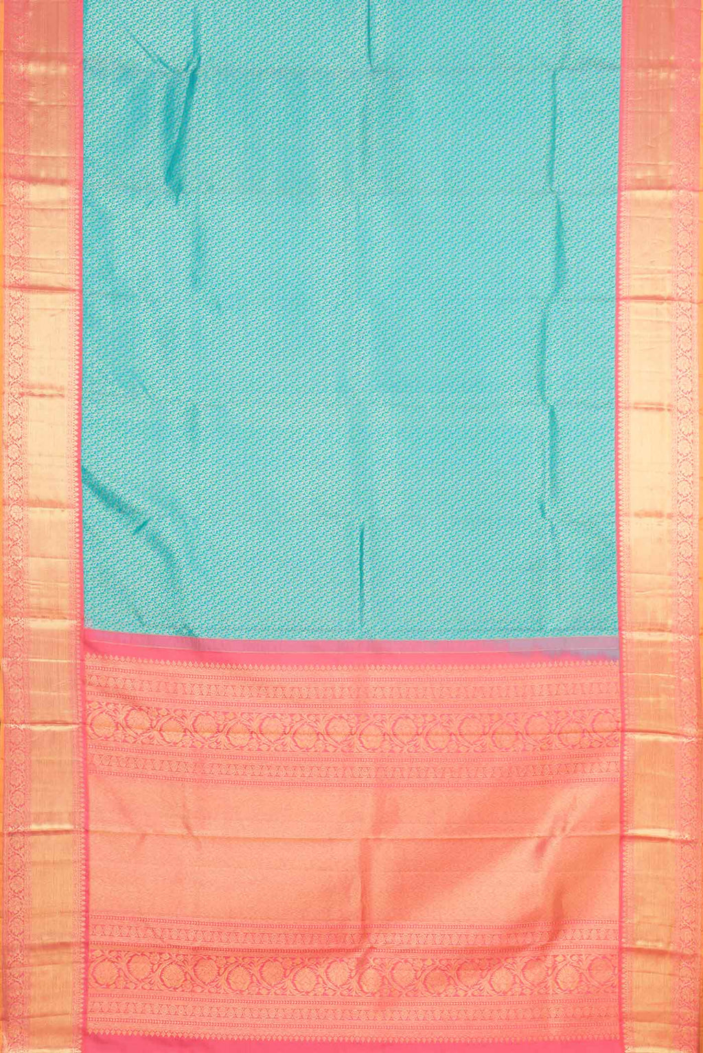 Flat view of Pure Silk Pure Zari Green Dual Tone Kanchipuram Saree with Zari Brocade on the body and Zari Border
