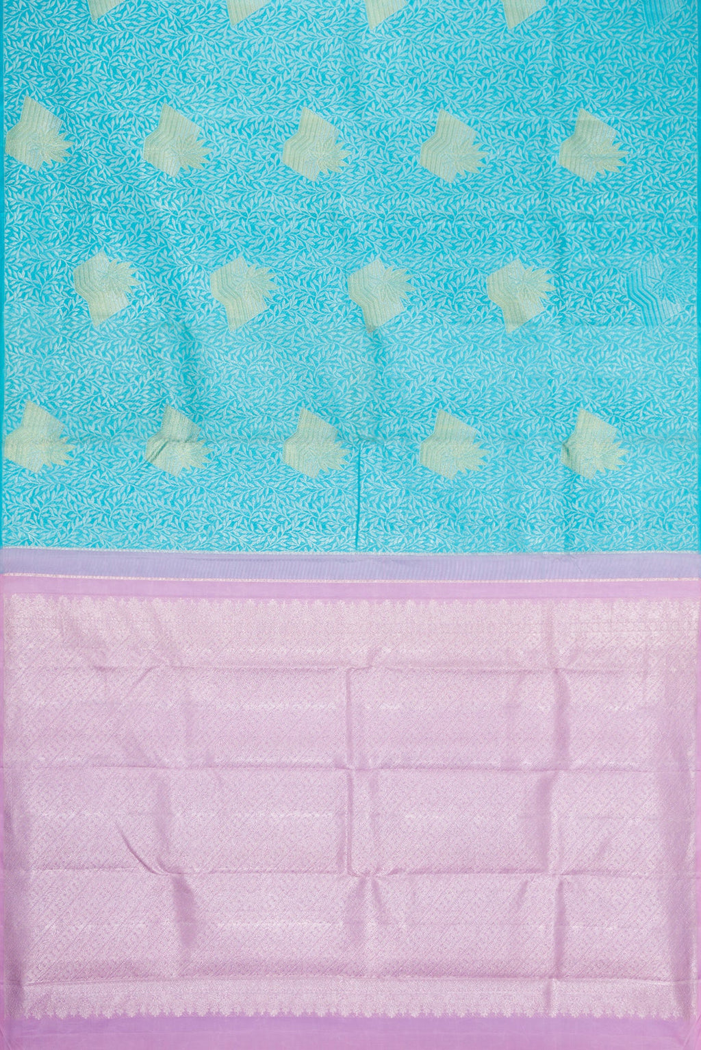 Flat view of Sky Blue Dual Tone Kanjivaram Silk Saree with Zari Brocade on the body and Without Border. 