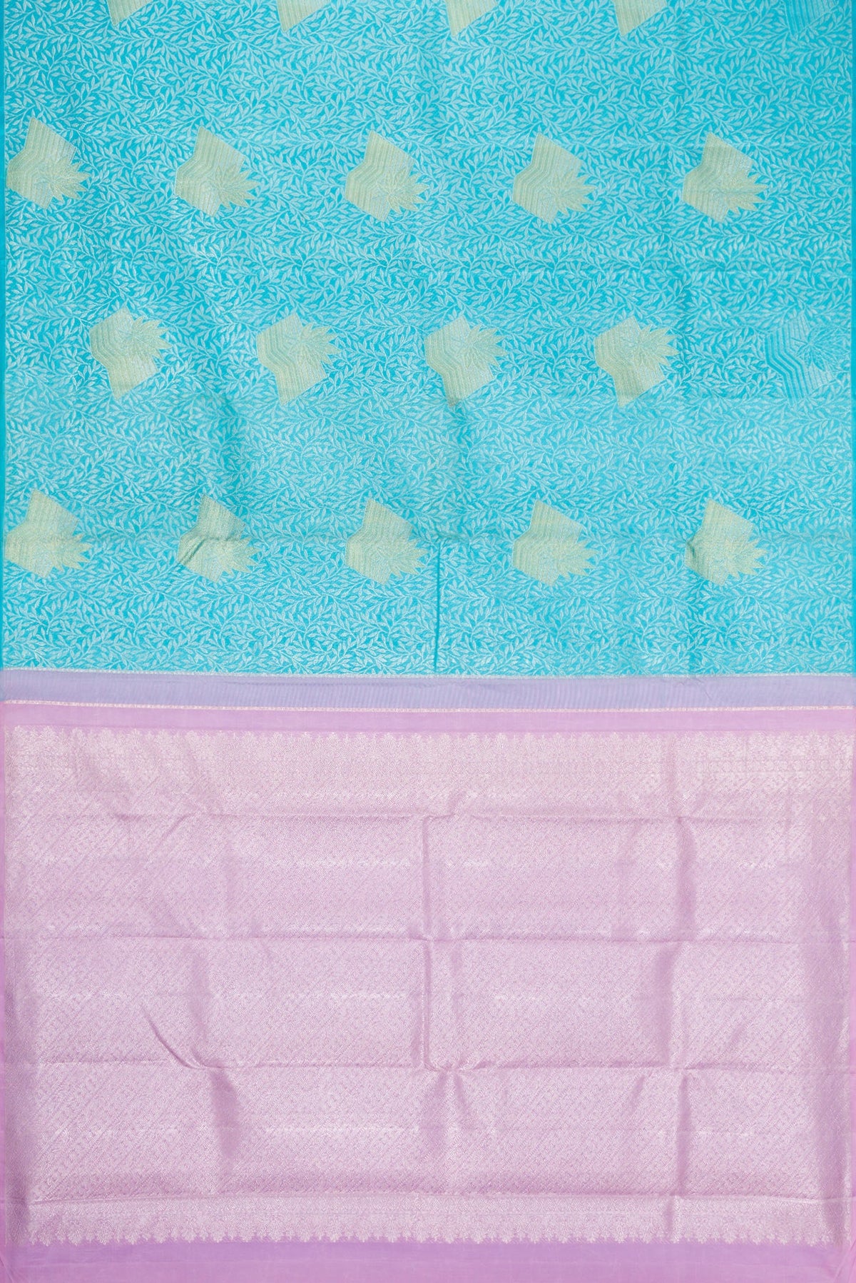Flat view of Sky Blue Dual Tone Kanjivaram Silk Saree with Zari Brocade on the body and Without Border. 