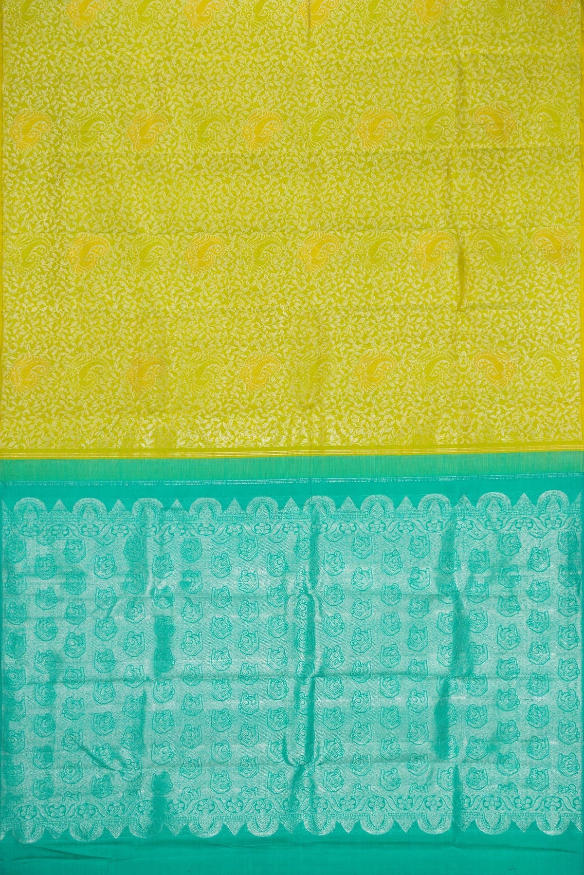Flat view of Parrot Green Dual Tone Kanjivaram Silk Saree with Zari Brocade on the body and Without Border. 