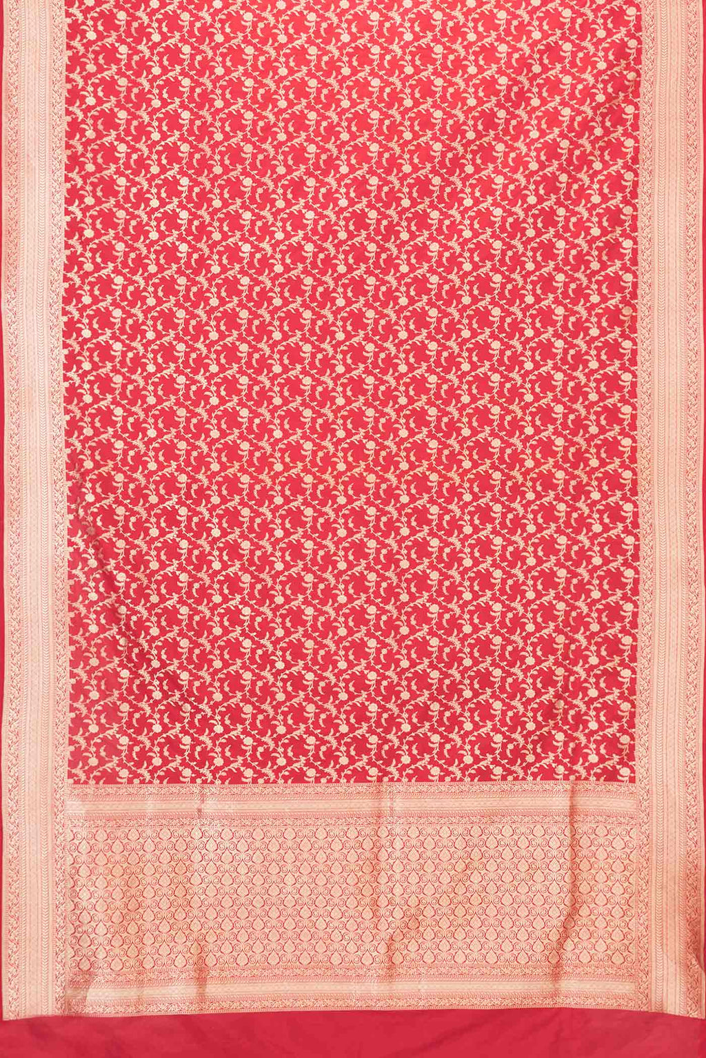 Flat view of Red Dual Tone Banarasi Saree with Zari Brocade on the body and Zari Border