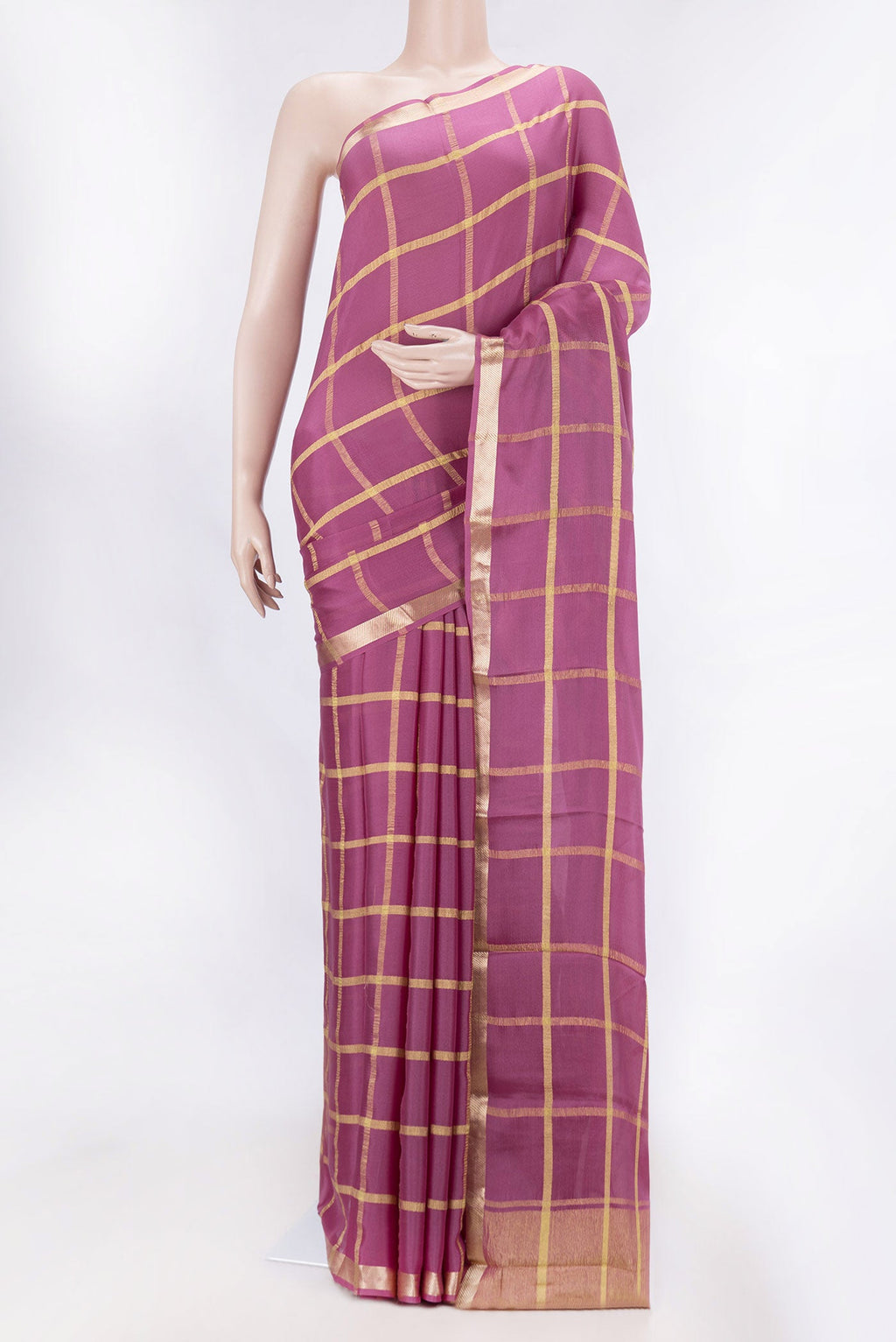 Light Magenta Mysore Crepe Saree with Checked design on the body and Zari Border displayed on a mannequin