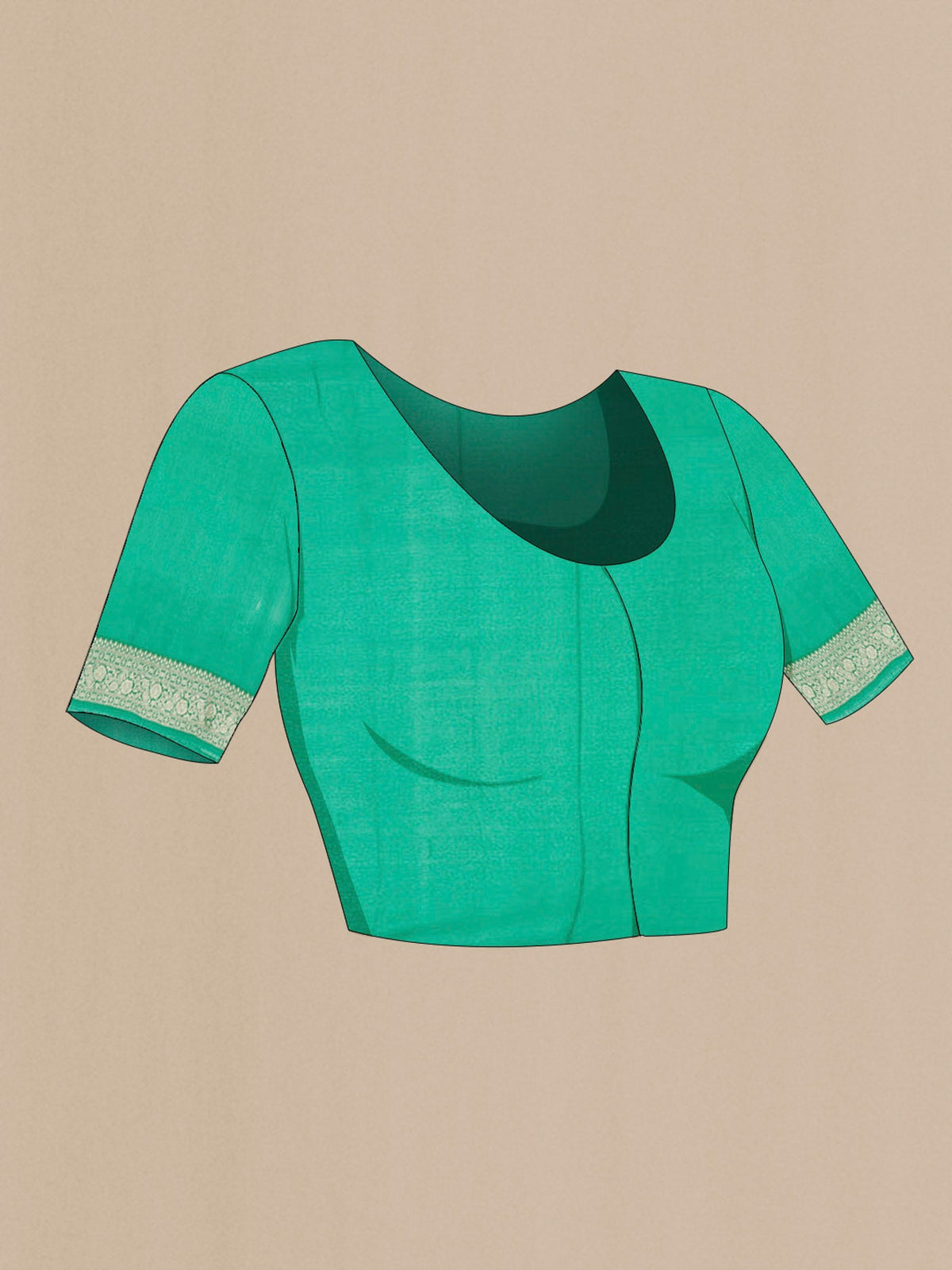 Close up image of the blouse of Green Banarasi Georgette Saree with Zari Butta on the body and Zari Border