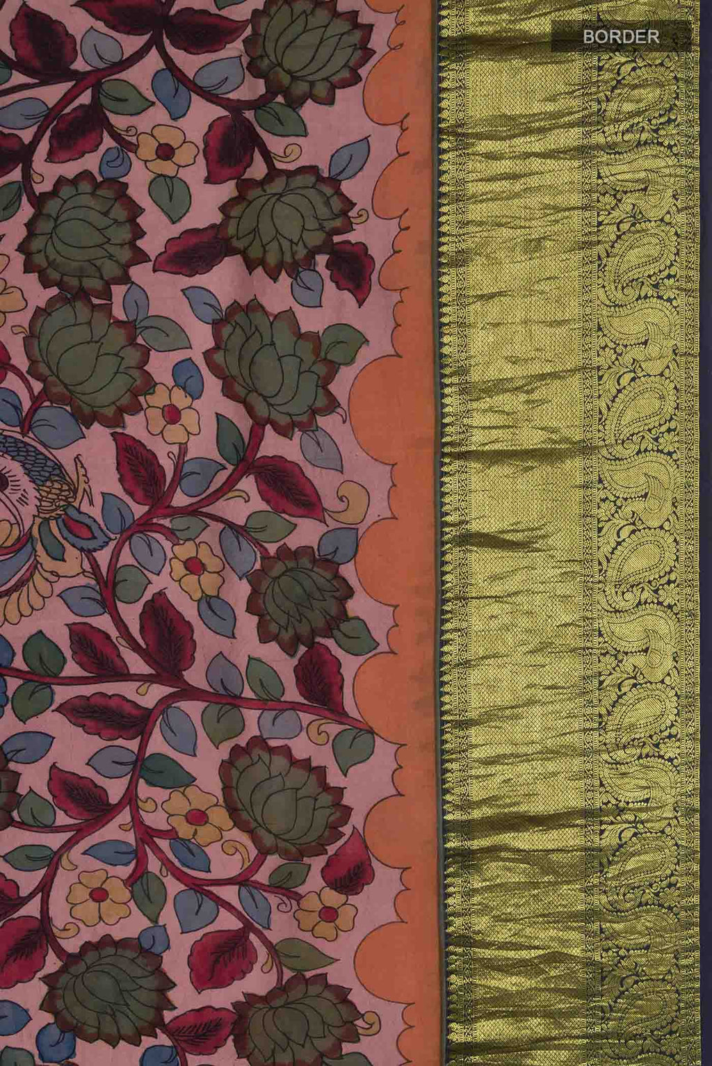 Border image of Mauve Kanchipuram Silk Saree with kalamkari Print on the body and Zari Border