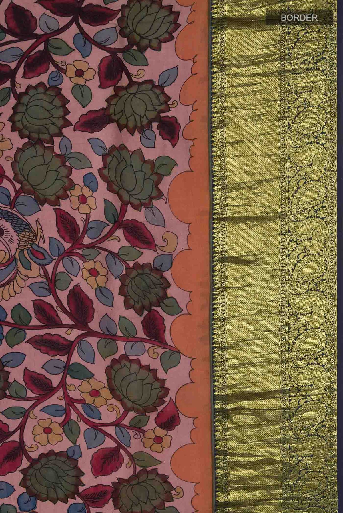 Border image of Mauve Kanchipuram Silk Saree with kalamkari Print on the body and Zari Border