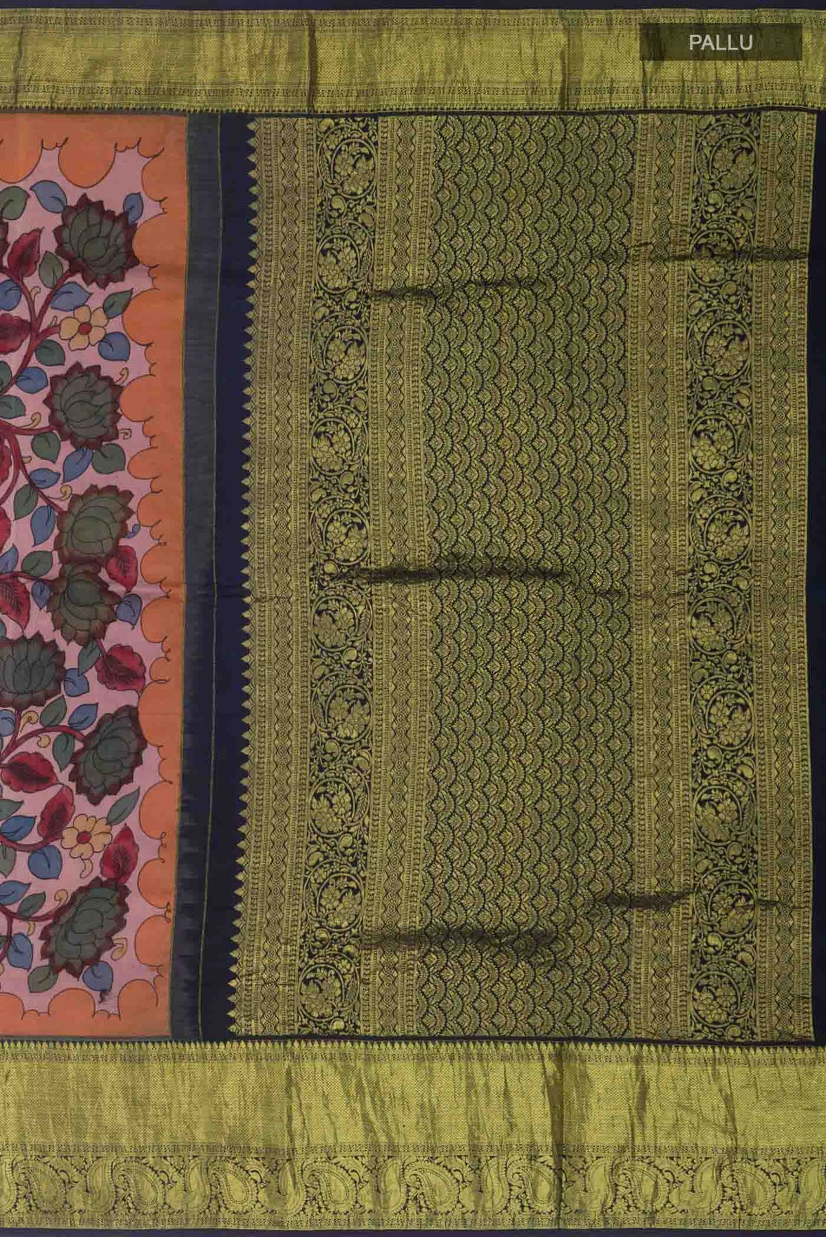 Close up image of the pallu of Mauve Kanchipuram Silk Saree with kalamkari Print on the body and Zari Border