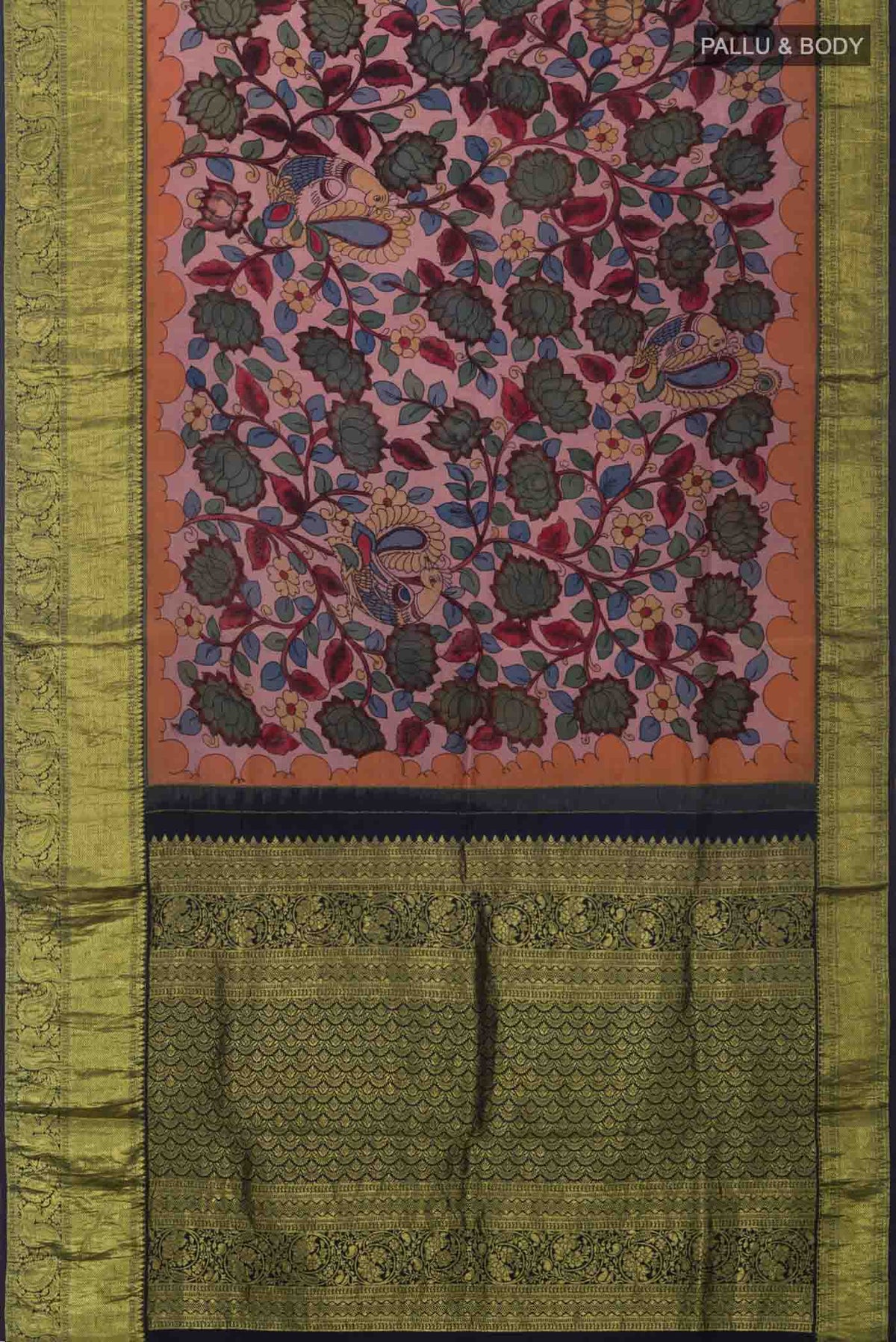 Flat view of Mauve Kanchipuram Silk Saree with kalamkari Print on the body and Zari Border