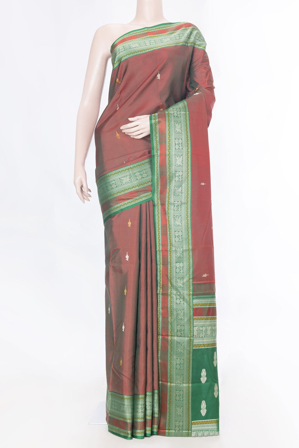 Maroon Dual Tone Kanchipuram Saree with Zari Butta on the body and Thread Border displayed on a mannequin