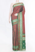 Maroon Dual Tone Kanchipuram Saree with Zari Butta on the body and Thread Border displayed on a mannequin