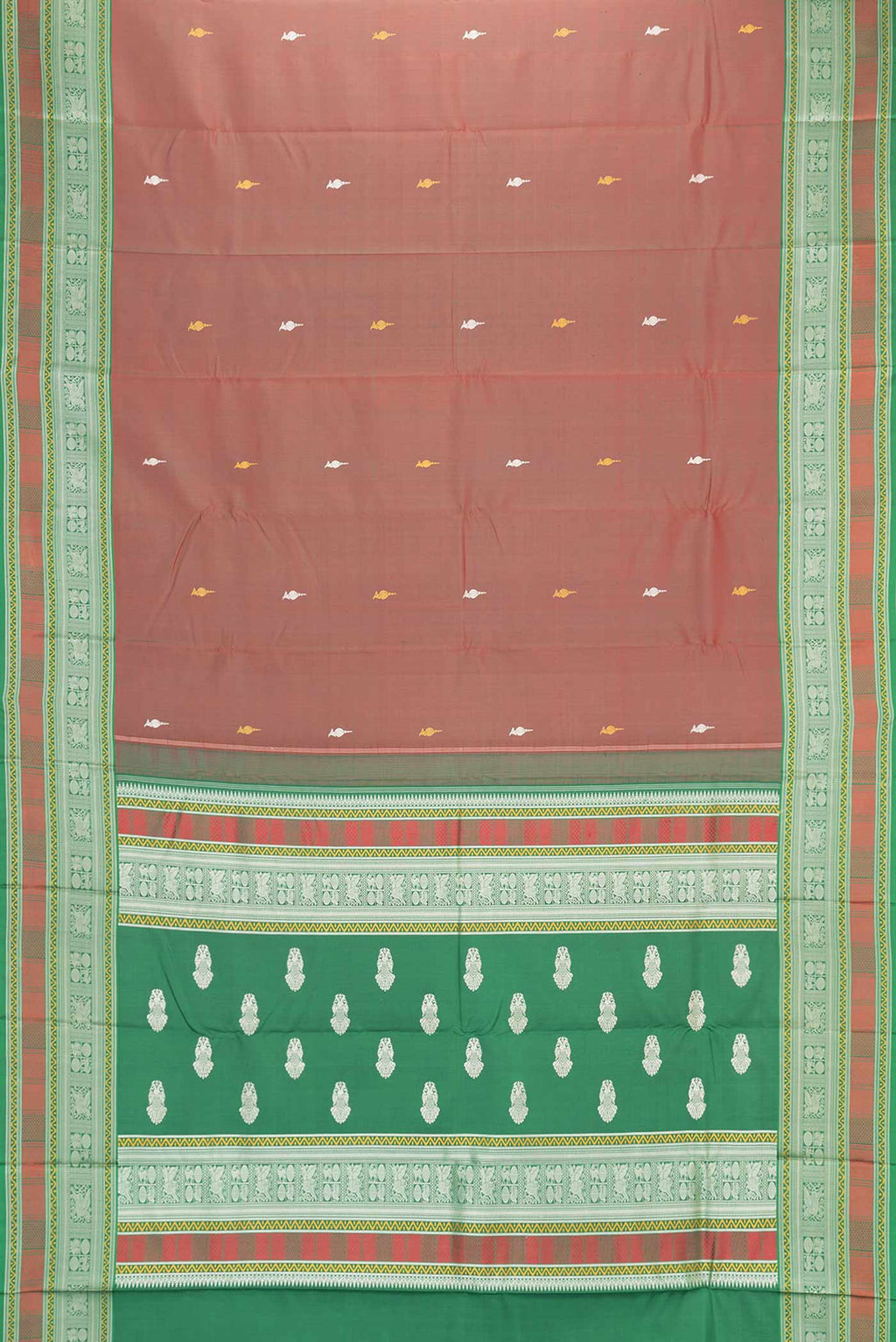 Flat view of Maroon Dual Tone Kanchipuram Saree with Zari Butta on the body and Thread Border