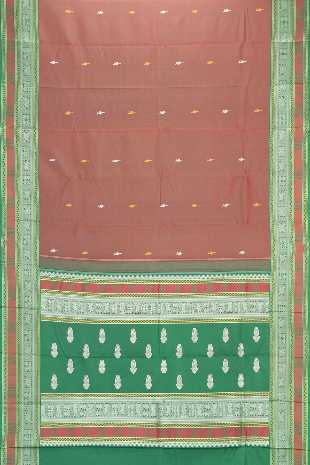 Flat view of Maroon Dual Tone Kanchipuram Saree with Zari Butta on the body and Thread Border