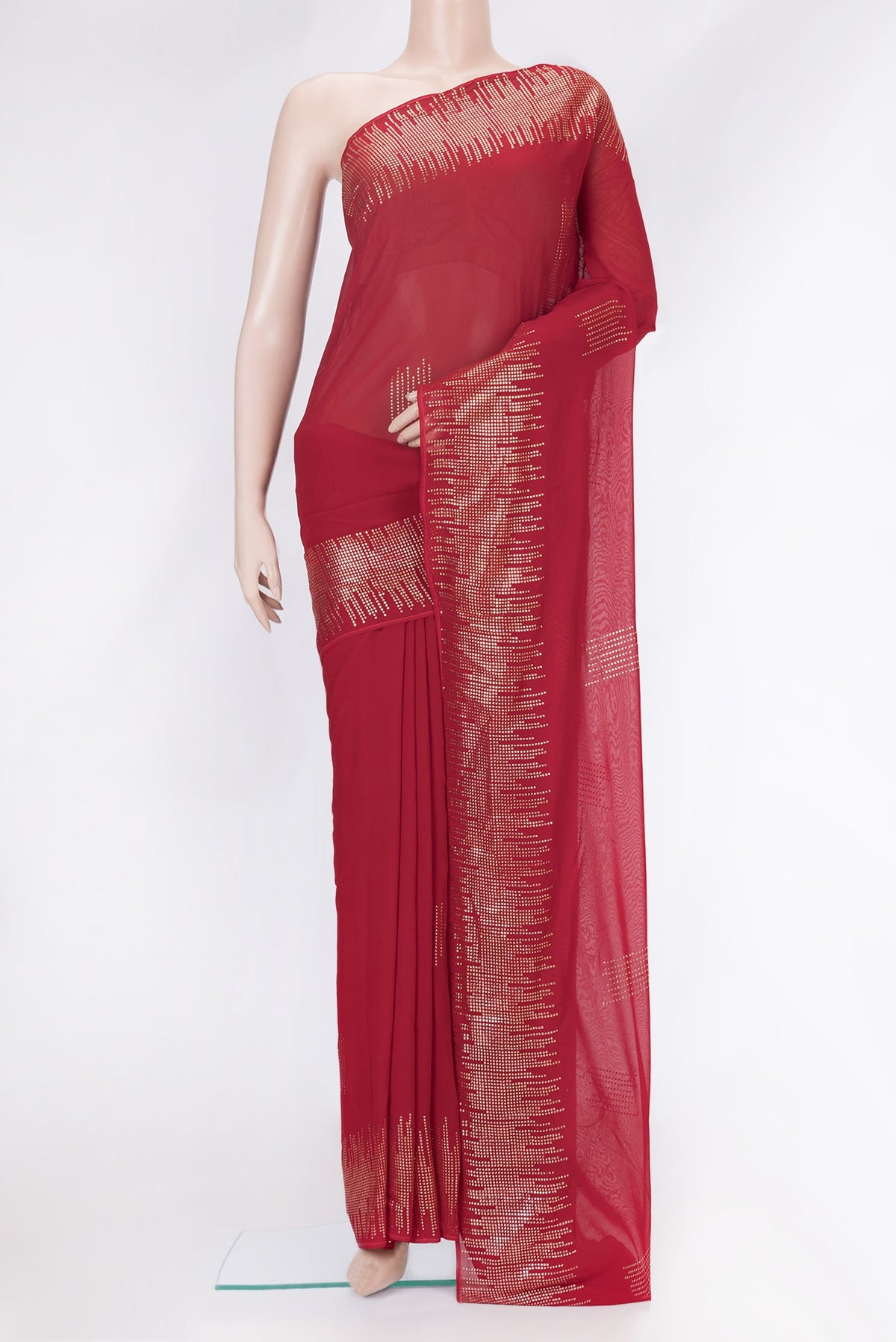 Red Dual Tone Mysore Georgette Saree with Embroidery on the body and Fancy Border.  displayed on a mannequin