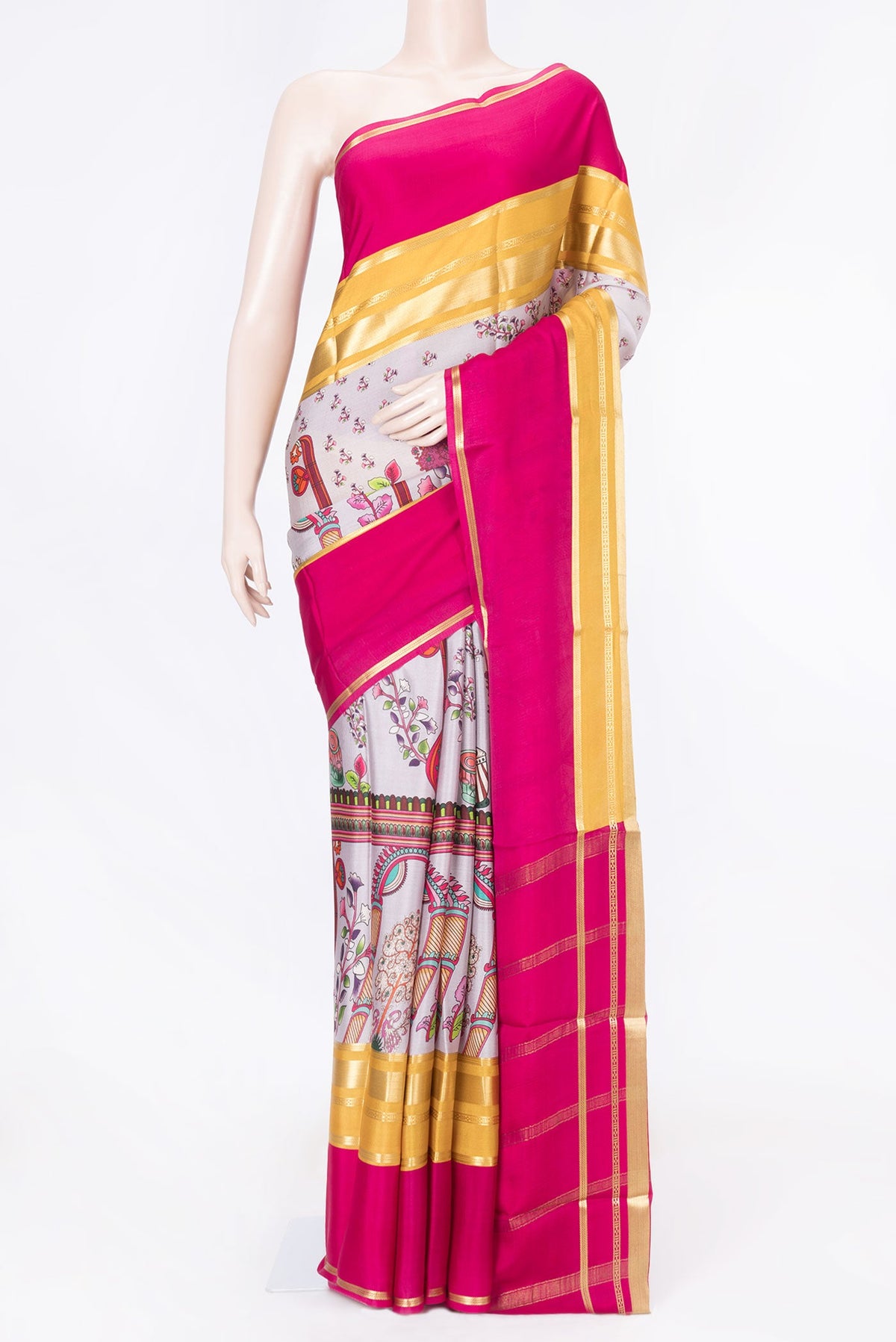 Rose Gold Dual Tone Mysore Crepe Saree with Printed design on the body and Zari Border displayed on a mannequin