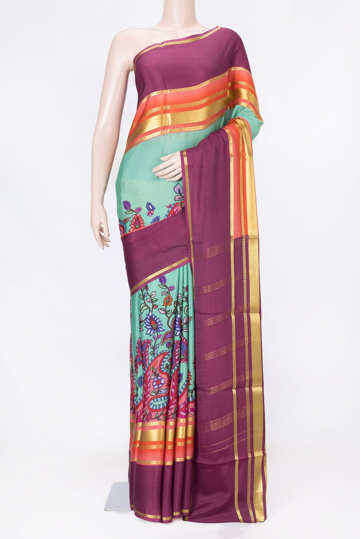 Sea Green Dual Tone Mysore Crepe Saree with Printed design on the body and Zari Border displayed on a mannequin
