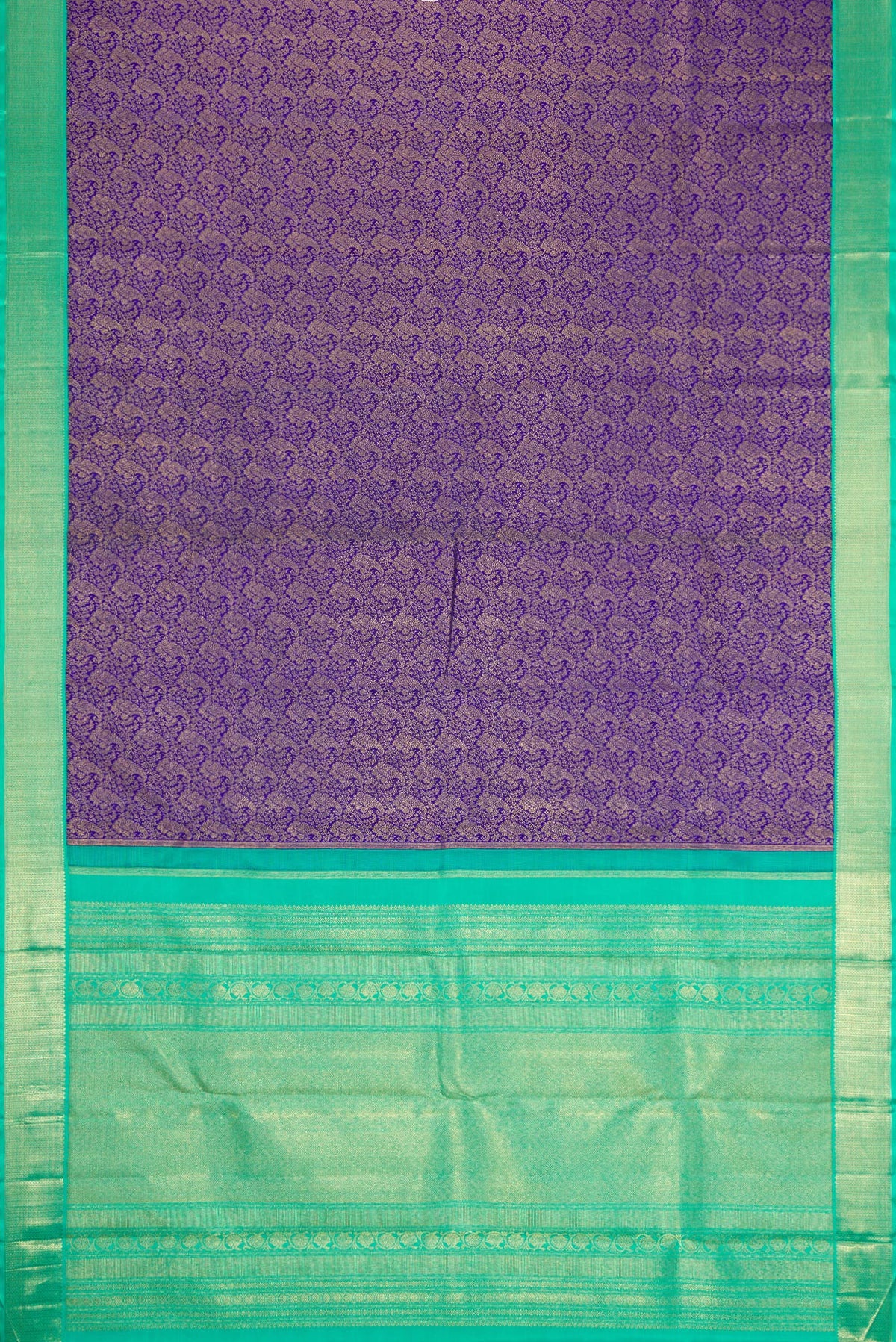 Flat view of Pure Silk Pure Zari Royal Blue Dual Tone Kanjivaram Saree with Zari Brocade on the body and Zari Border. 