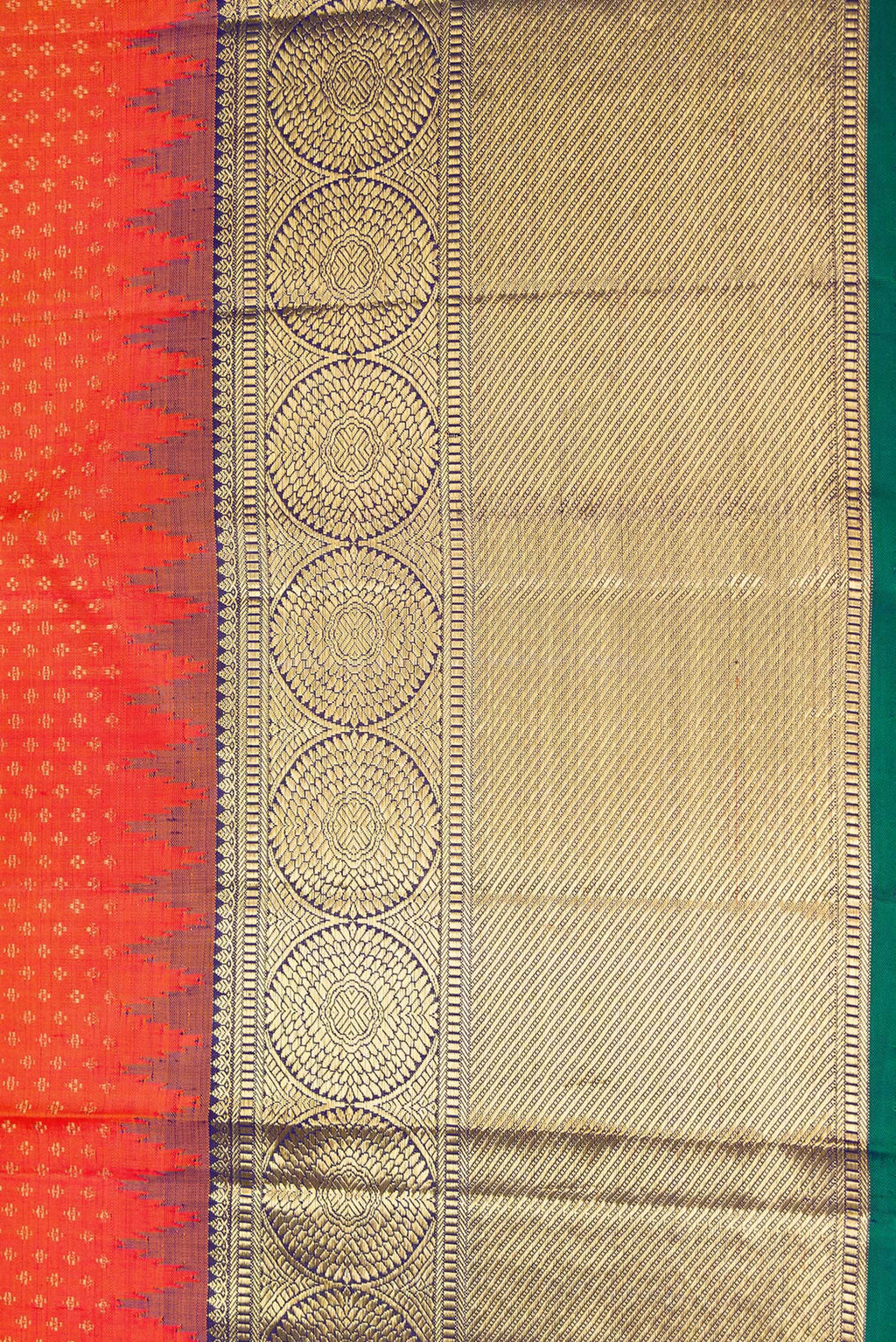 Border image of Pure Silk Pure Zari Orange Dual Tone Kanjivaram Saree with Zari Brocade on the body and Zari Border. 