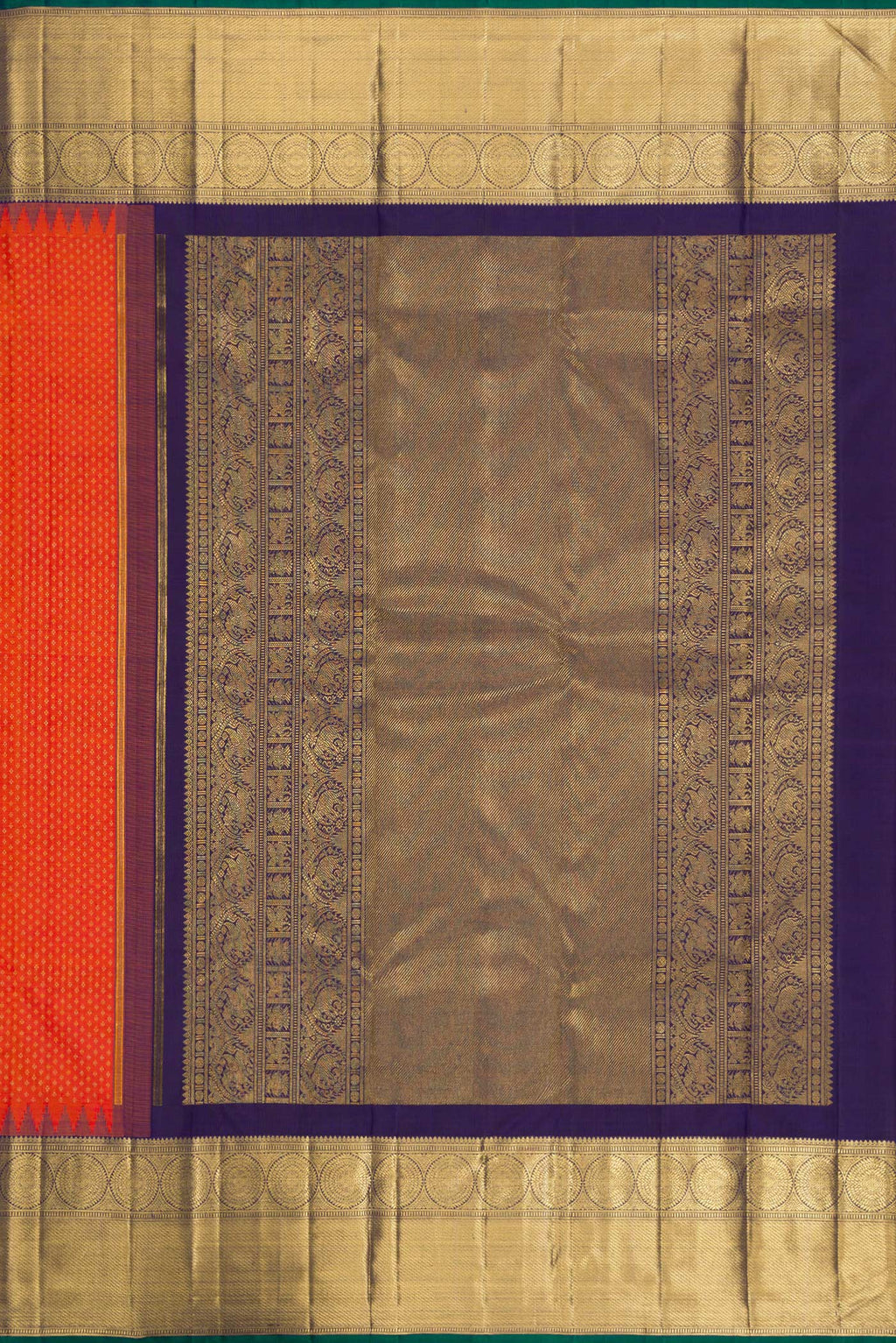 Close up image of the pallu of Pure Silk Pure Zari Orange Dual Tone Kanjivaram Saree with Zari Brocade on the body and Zari Border. 