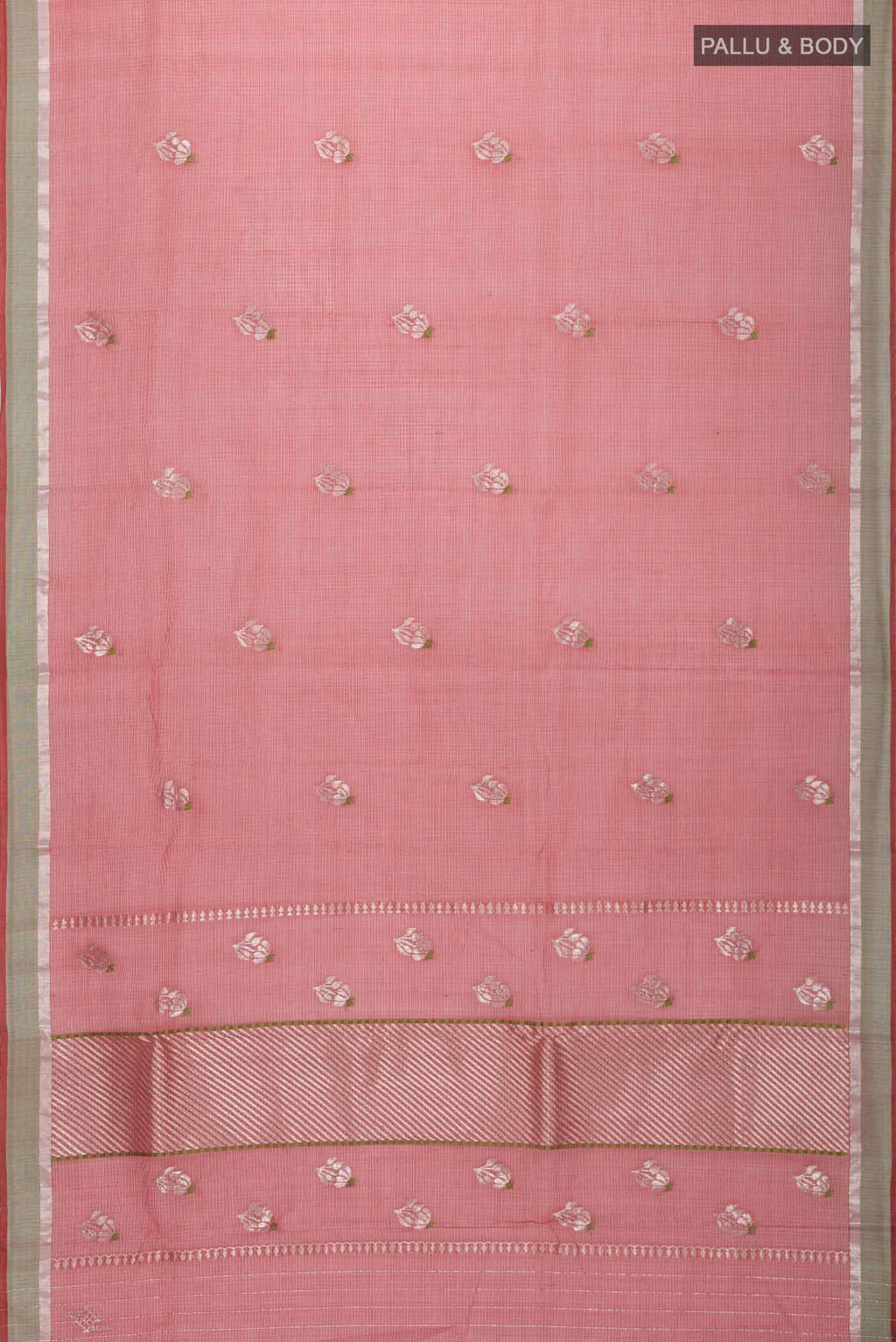 Flat view of Maroon Kota Silk Saree with Zari And Thread Butta on the body and Zari Border