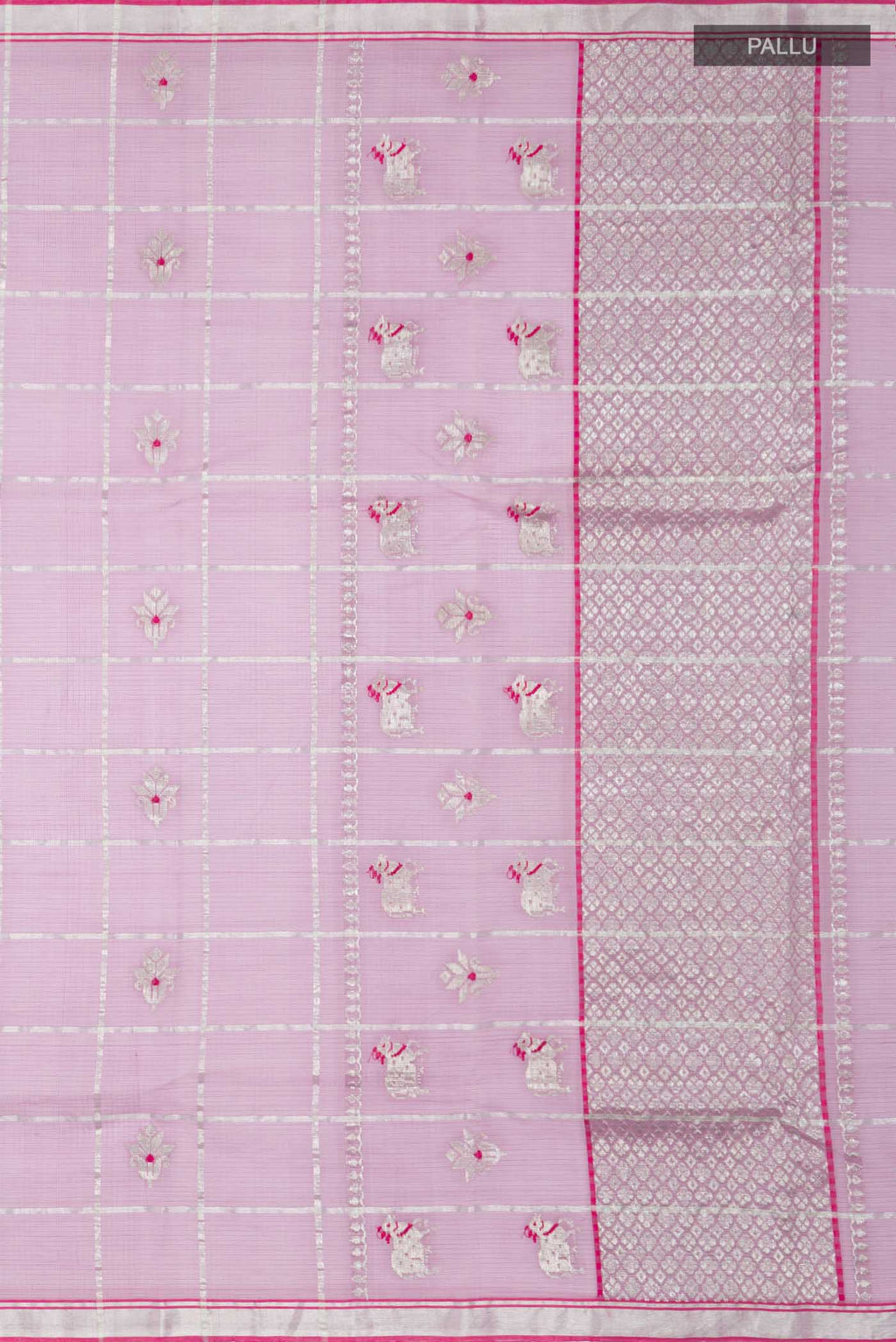 Close up image of the pallu of Lavender Kota Silk Saree with Zari And Thread Butta on the body and Zari Border
