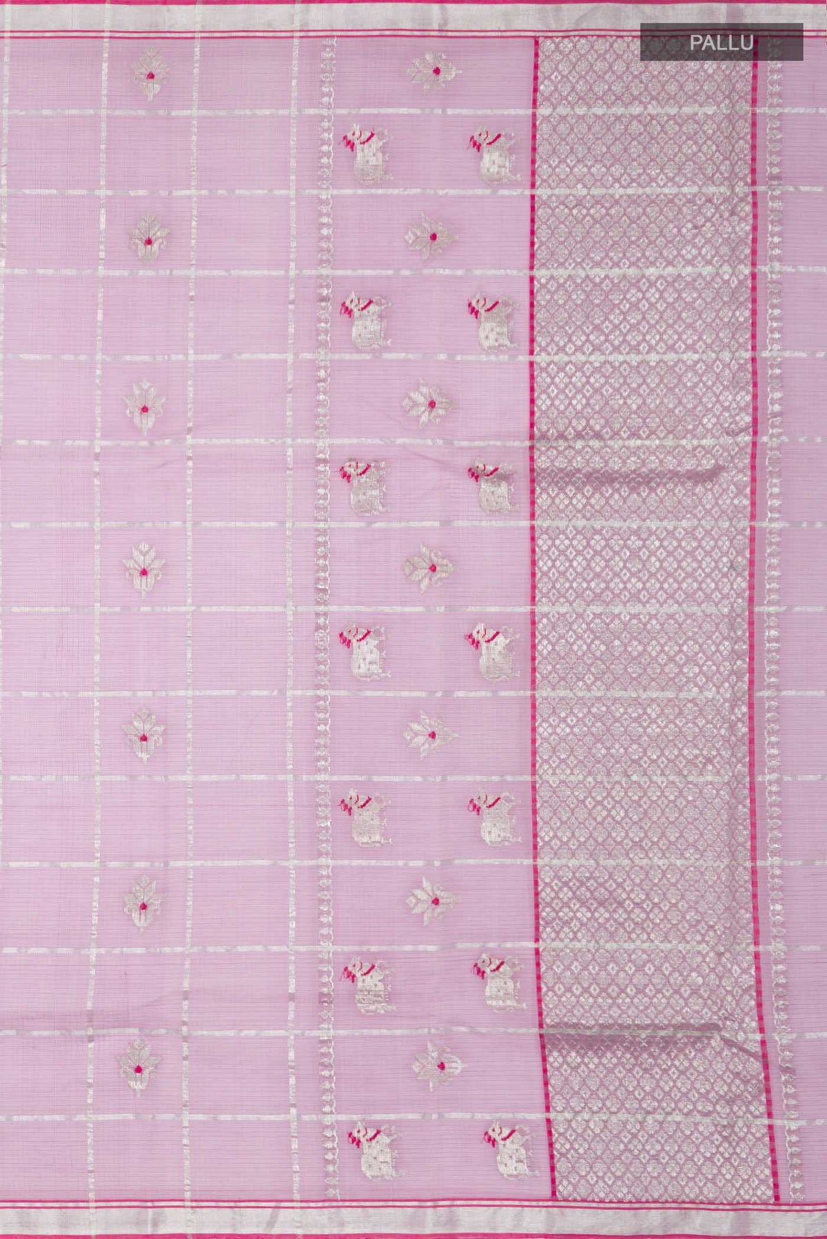 Close up image of the pallu of Lavender Kota Silk Saree with Zari And Thread Butta on the body and Zari Border