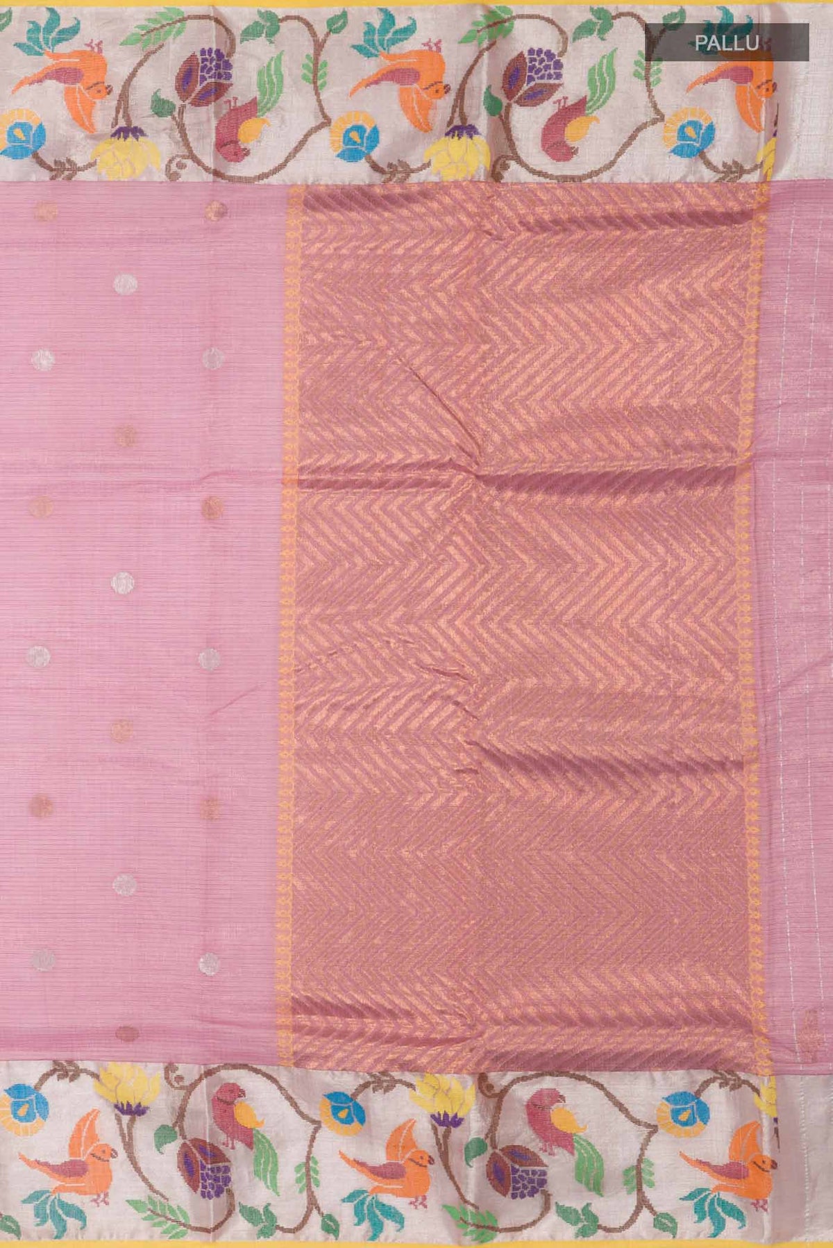 Close up image of the pallu of Pink Kota Silk Saree with Zari Butta on the body and Zari And Thread Border
