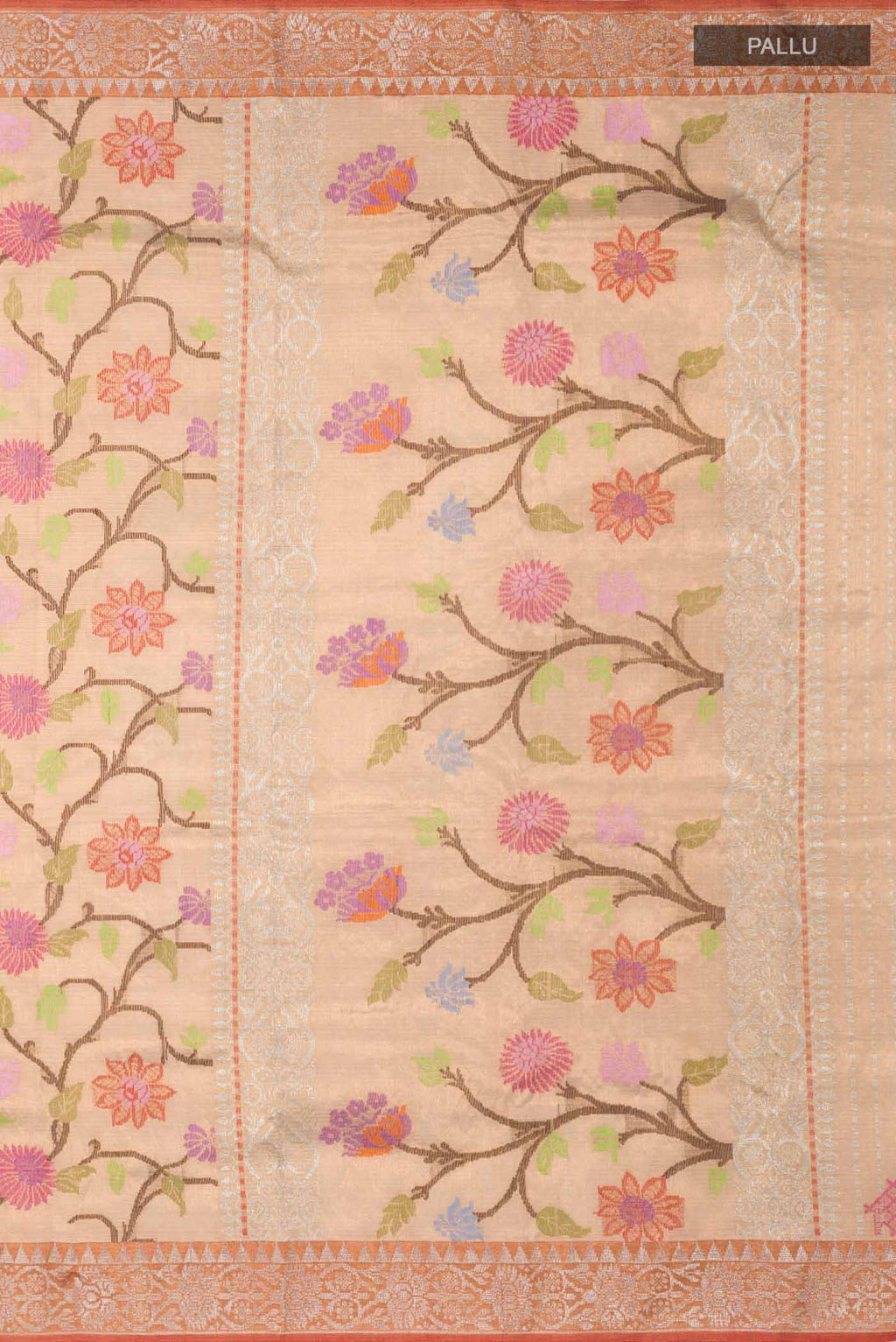 Close up image of the pallu of Peach Kota Silk Saree with Jacquard With Zari Butta on the body and Zari Border
