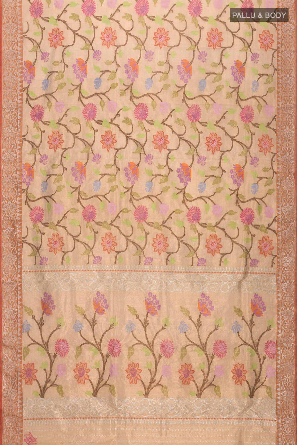 Flat view of Peach Kota Silk Saree with Jacquard With Zari Butta on the body and Zari Border
