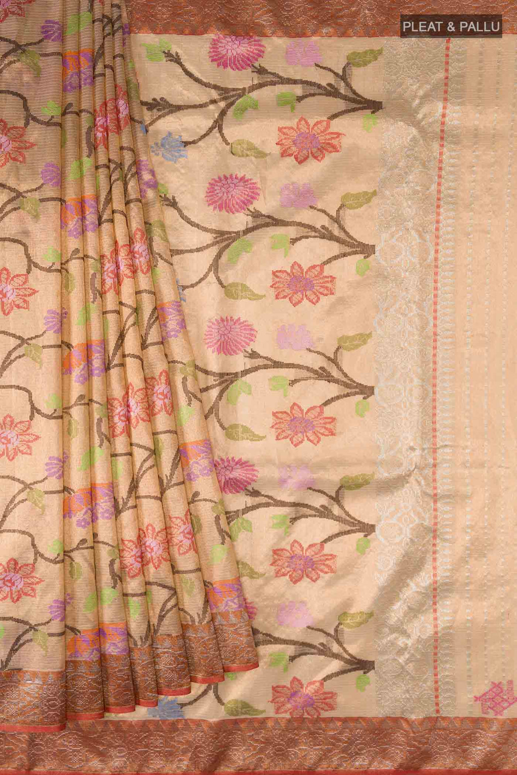 Pleats and pallu of Peach Kota Silk Saree with Jacquard With Zari Butta on the body and Zari Border