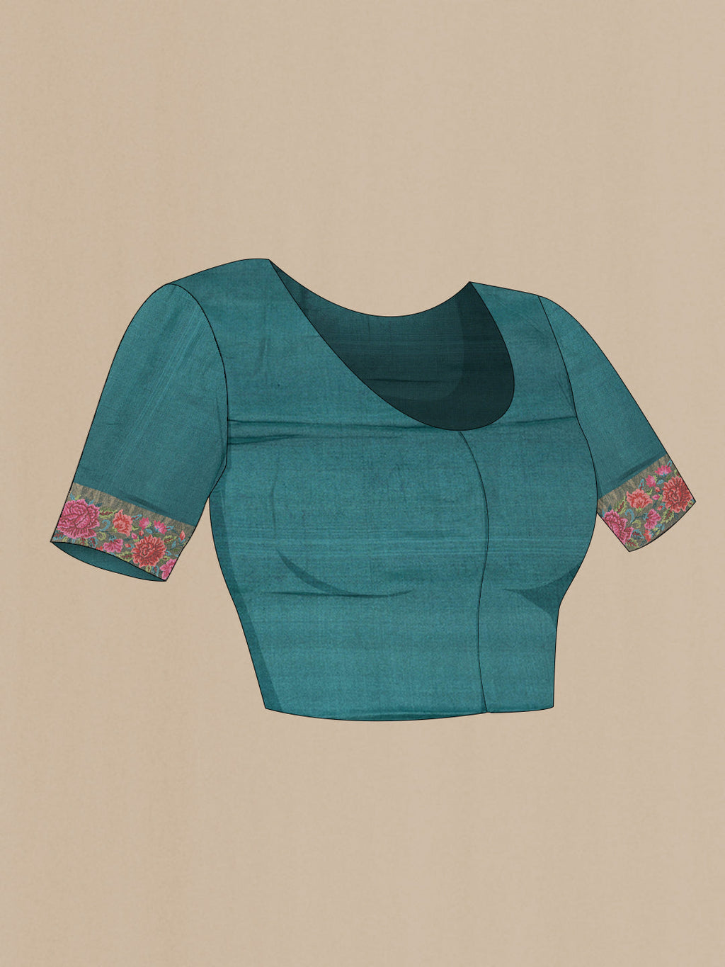 Close up image of the blouse of Peacock Blue Dual Tone Tussar Saree with Zari Butta on the body and Embroidery Border