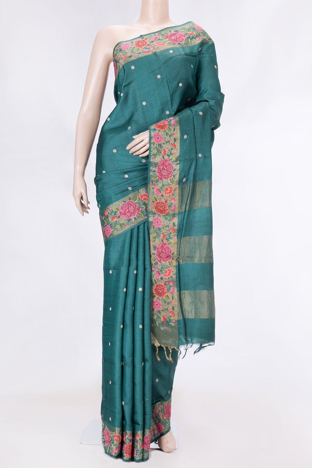 Peacock Blue Dual Tone Tussar Saree with Zari Butta on the body and Embroidery Border displayed on a mannequin