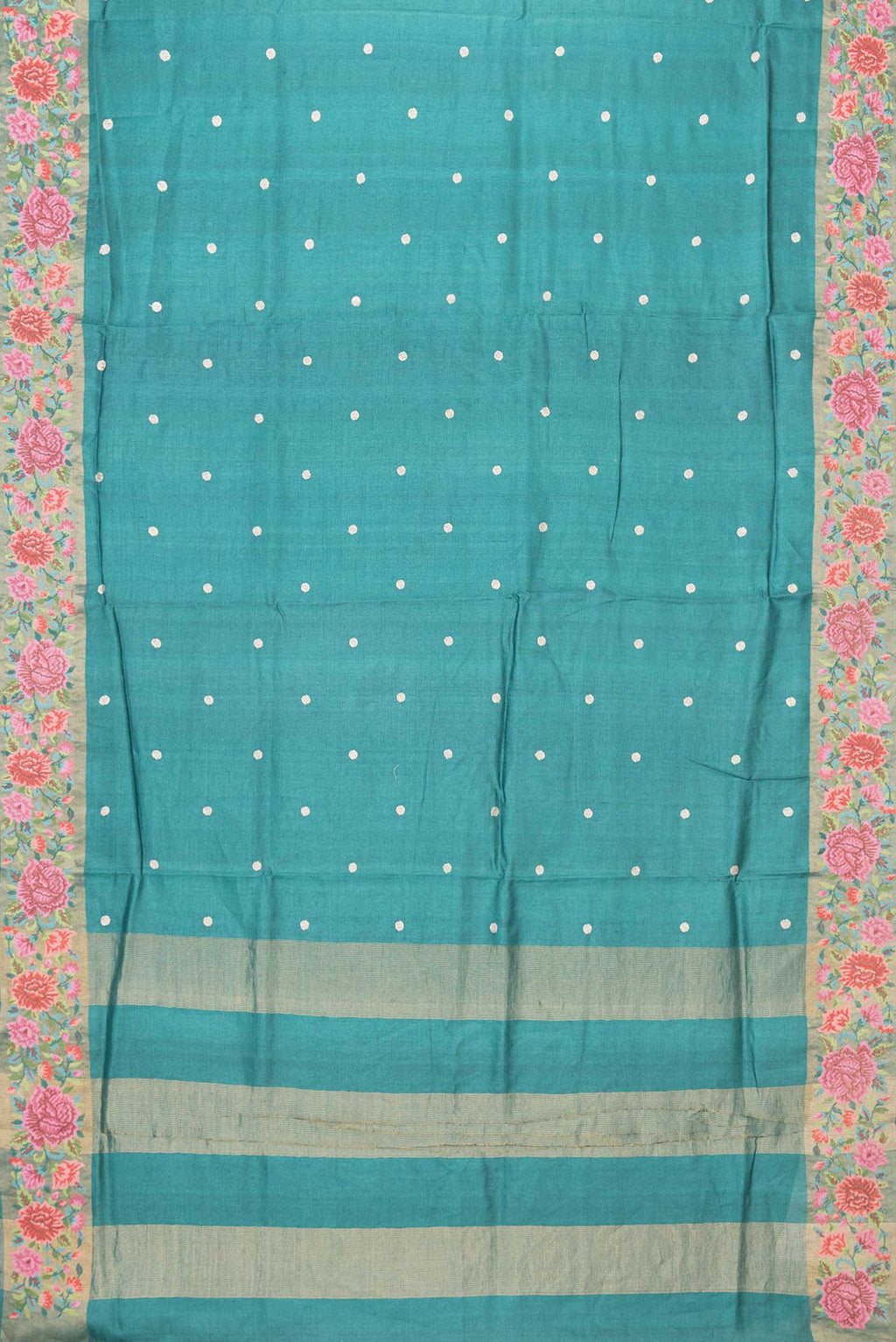 Flat view of Peacock Blue Dual Tone Tussar Saree with Zari Butta on the body and Embroidery Border