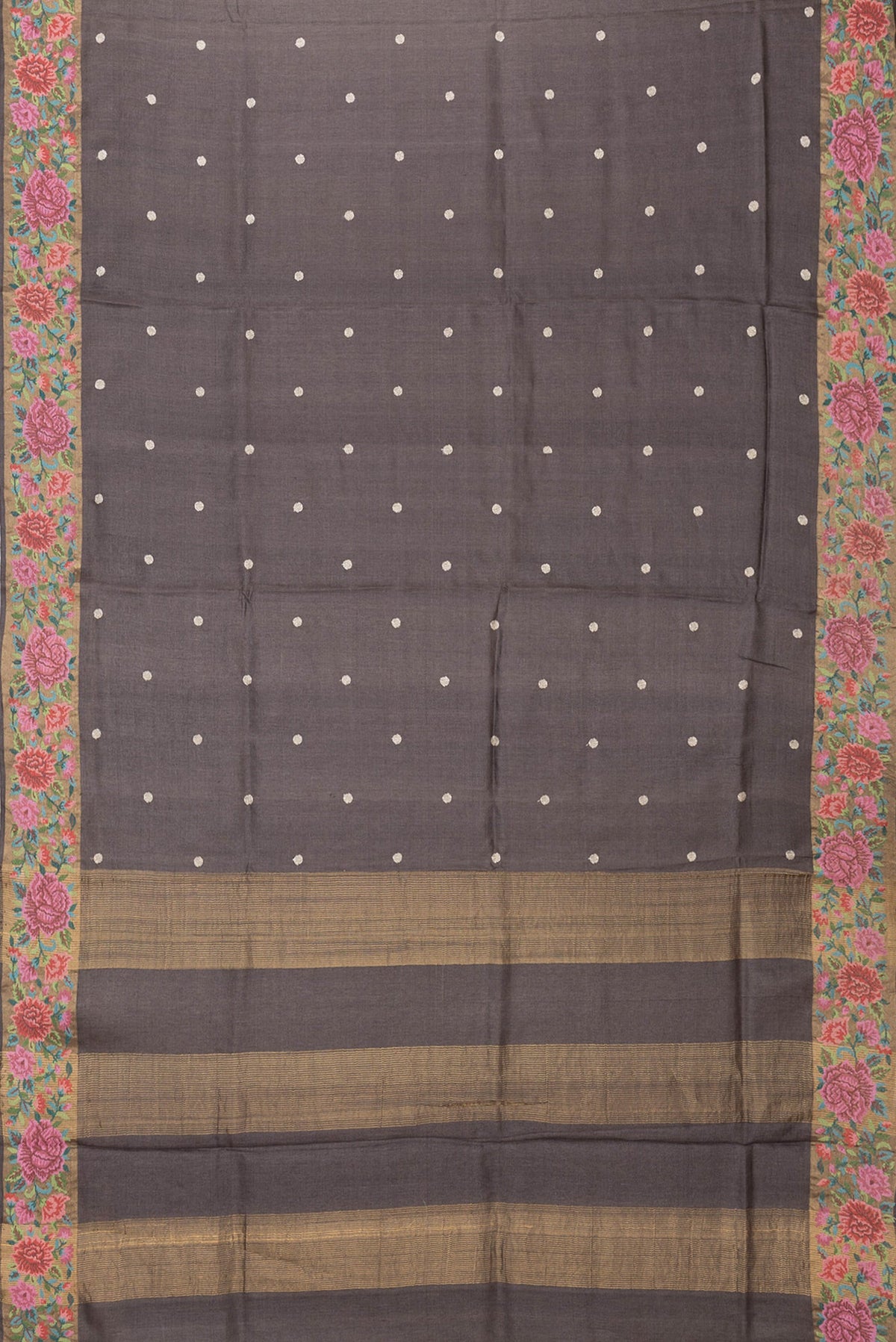 Flat view of Brown Dual Tone Tussar Silk Saree with Zari Butta on the body and Embroidery Border. 