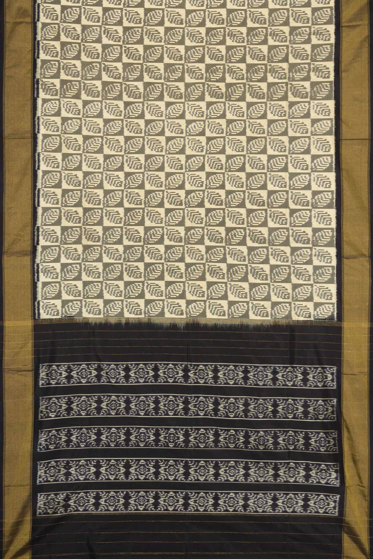Flat view of Sandal Pochampally Silk Saree with Pure Ikat on the body and Zari Border