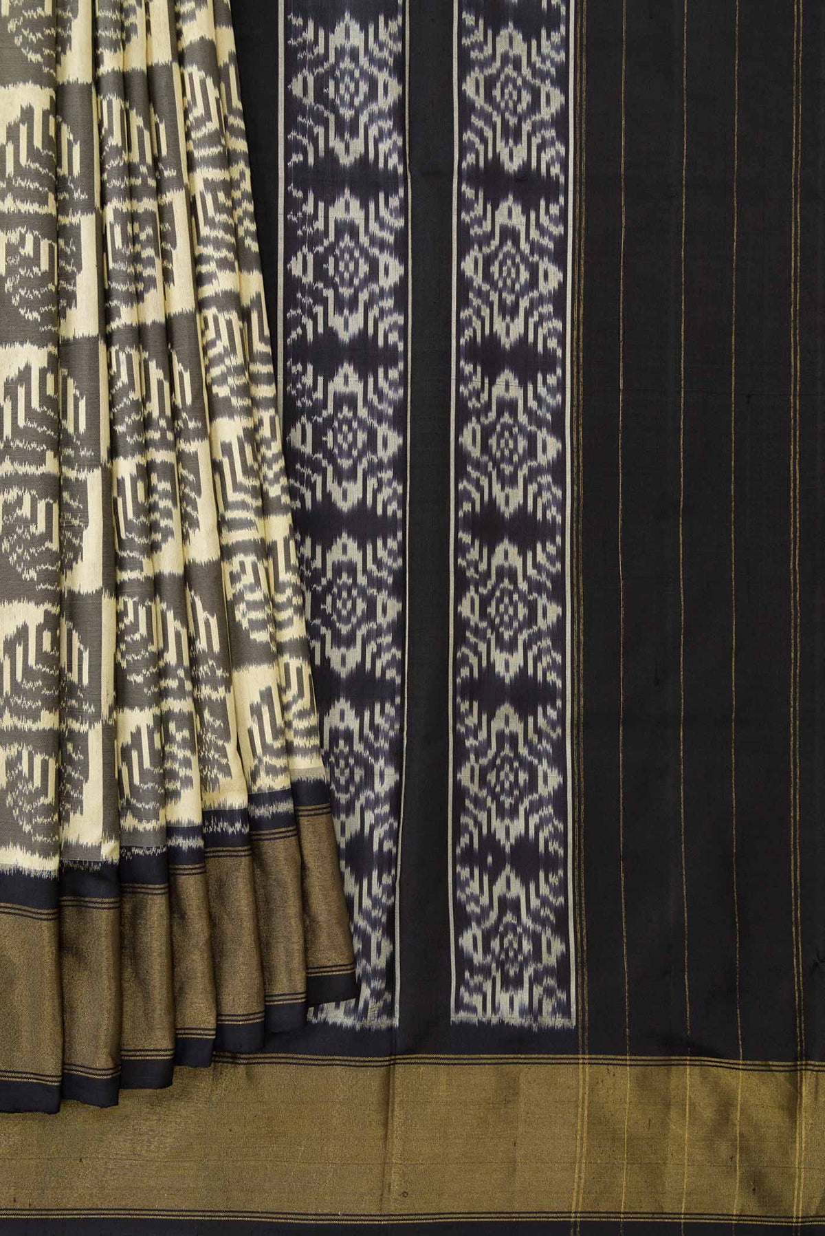 Pleats and pallu of Sandal Pochampally Silk Saree with Pure Ikat on the body and Zari Border