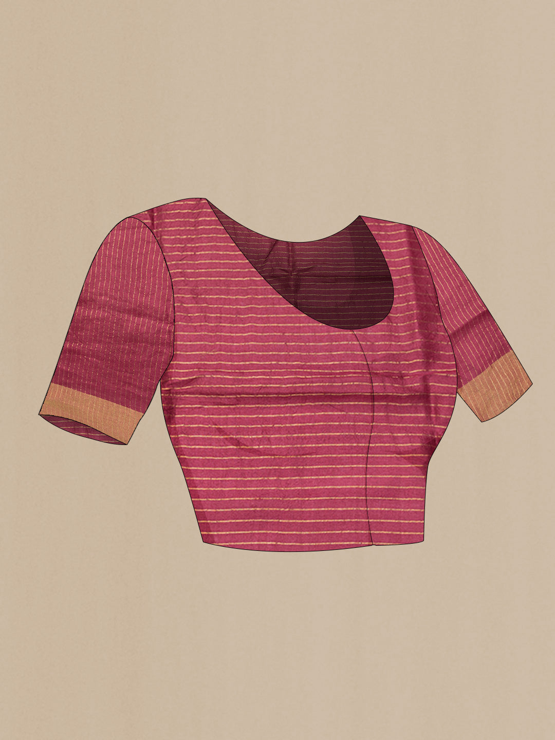 Close up image of the blouse of Maroon Dual Tone Tussar Saree with Printed design on the body and Zari Border. 
