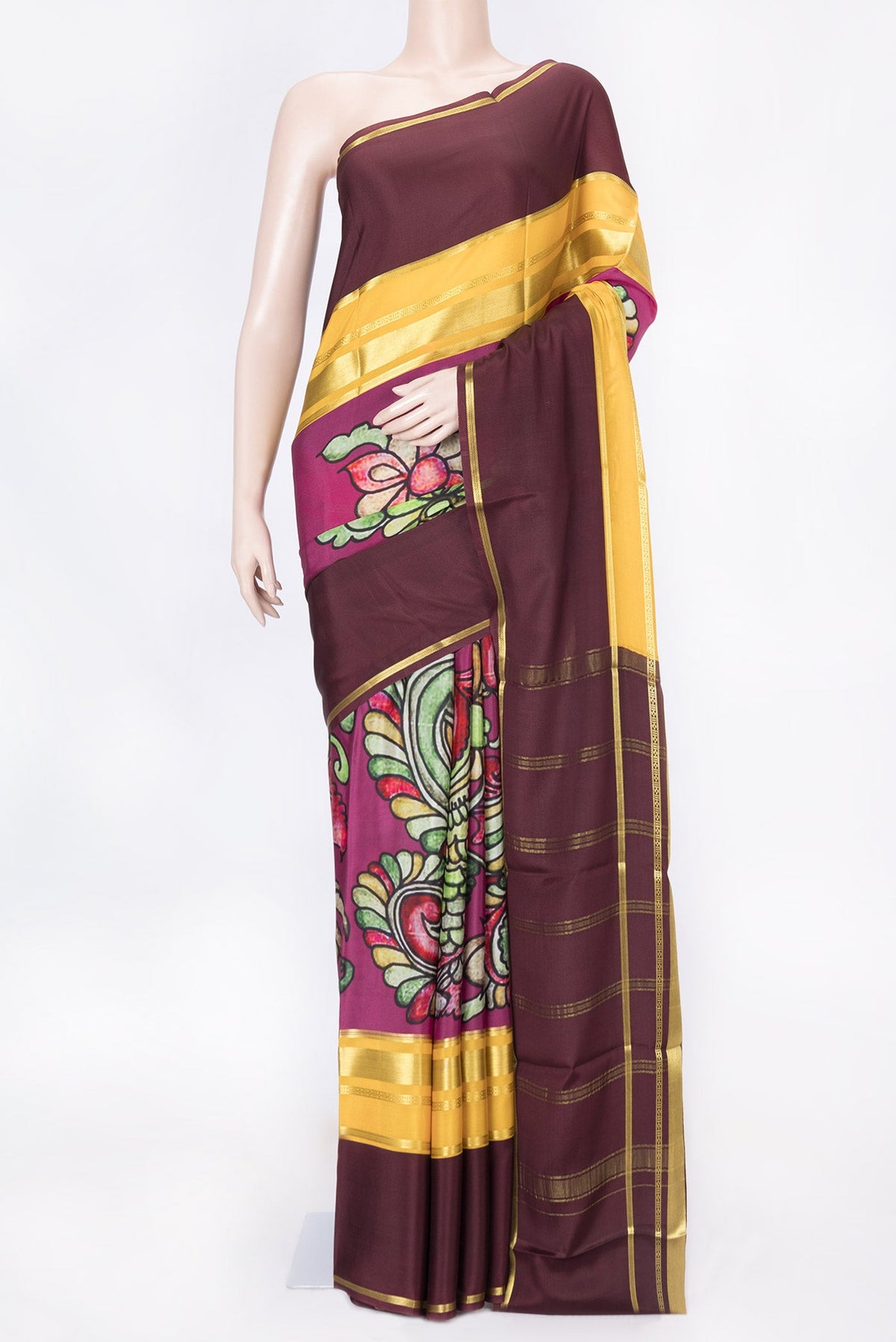Pink Dual Tone Mysore Crepe Saree with Printed design on the body and Zari Border displayed on a mannequin